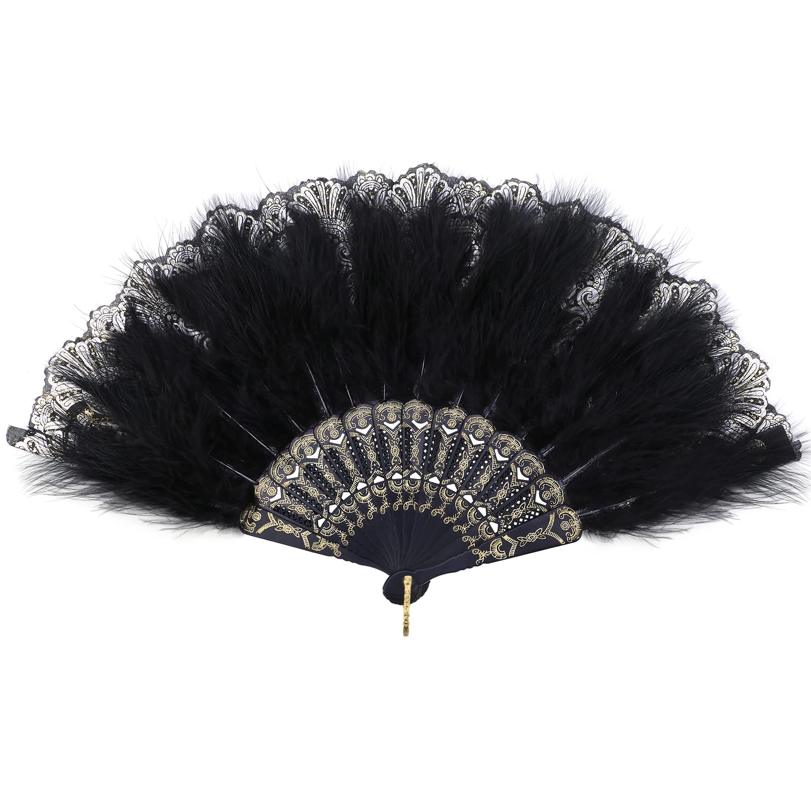 Vintage 1920s Style Black Embroidered Flower Marabou Feather Hand Fan - Flapper Costume Accessory for Halloween, Wedding, Prom, Tea Party & Dance Performances