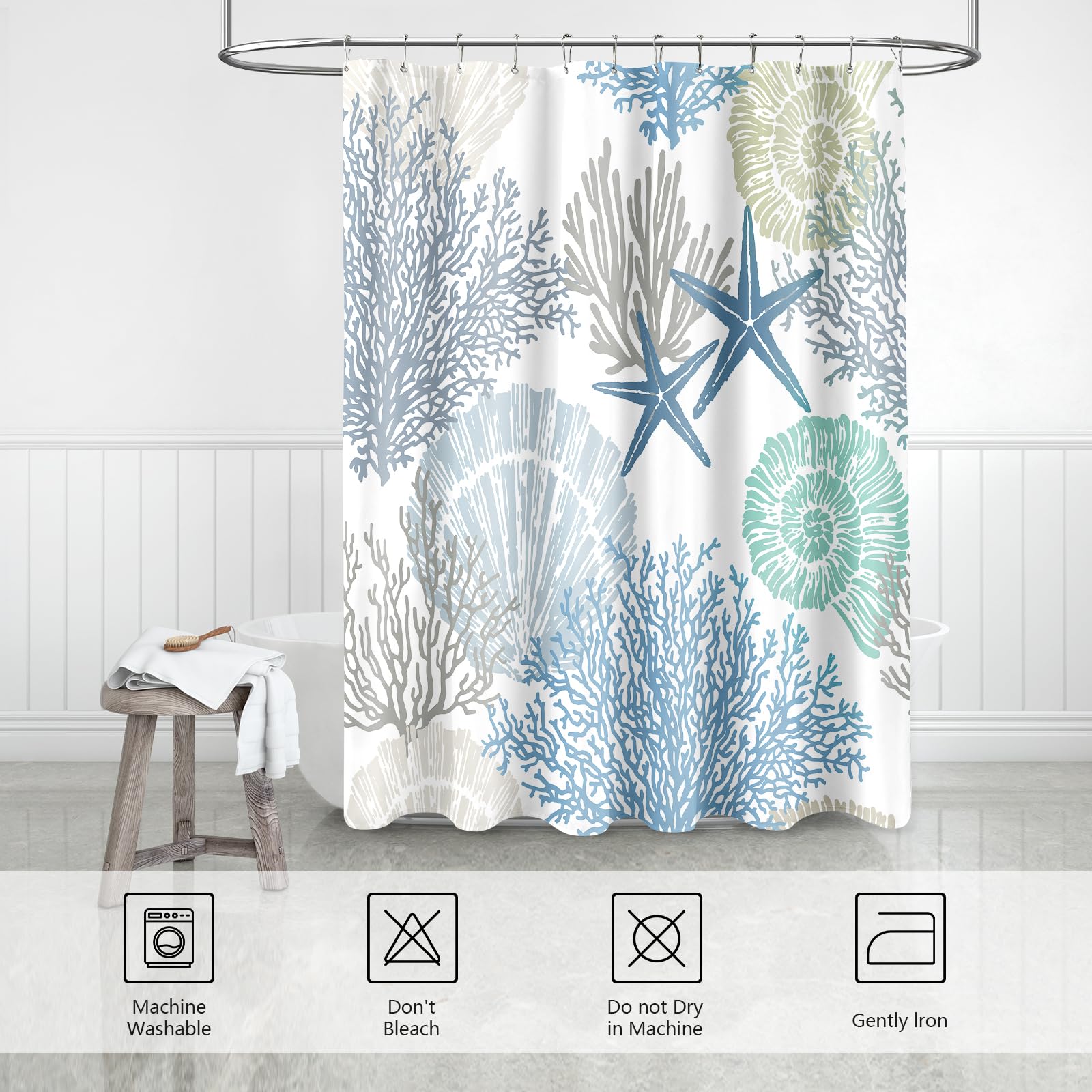 36 x 72 Inch Nautical Coastal Shower Curtain - Tropical Seashell Starfish Coral Beach Ocean Theme Bathroom Decor for Small Spaces, Dorms & Apartments | Waterproof & Easy to Clean | Perfect for Coastal, Beach House or Summer Bathroom Design