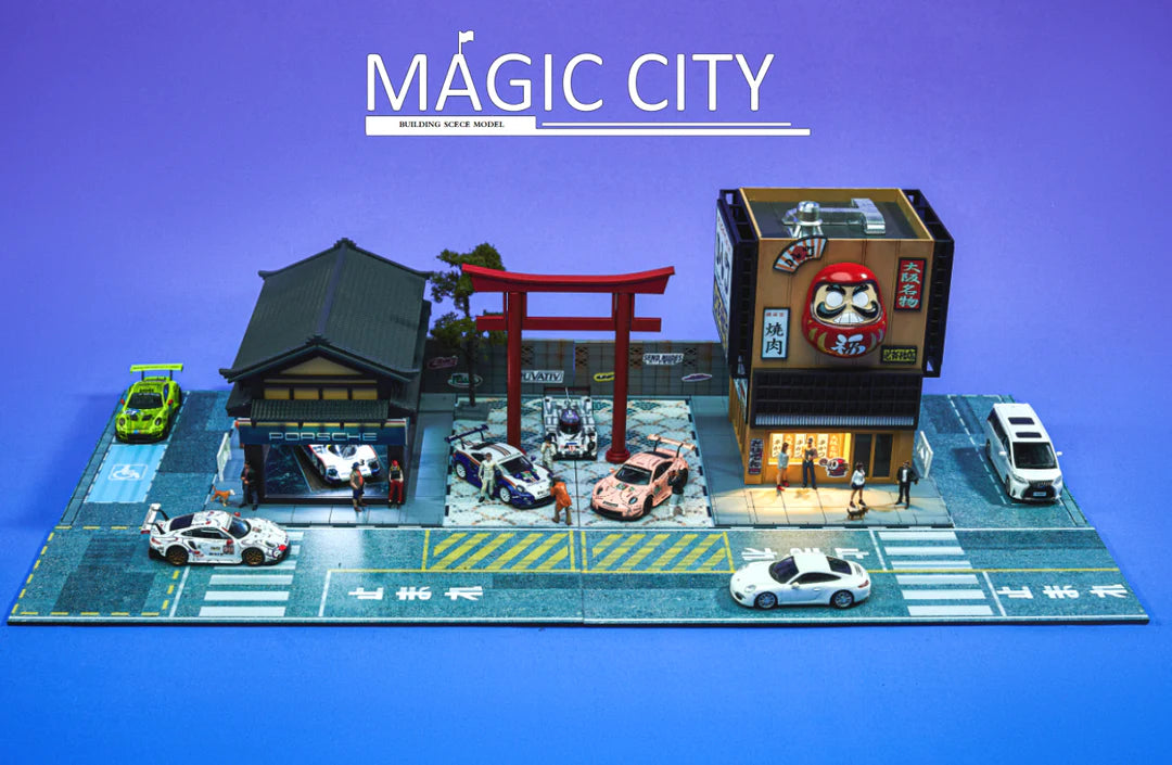 1:64 Scale Porsche Showroom & Yakiniku Restaurant Model - Miniature Collectible Toy Car Display with Japanese BBQ Scene - Perfect for Car Enthusiasts & Diorama Lovers