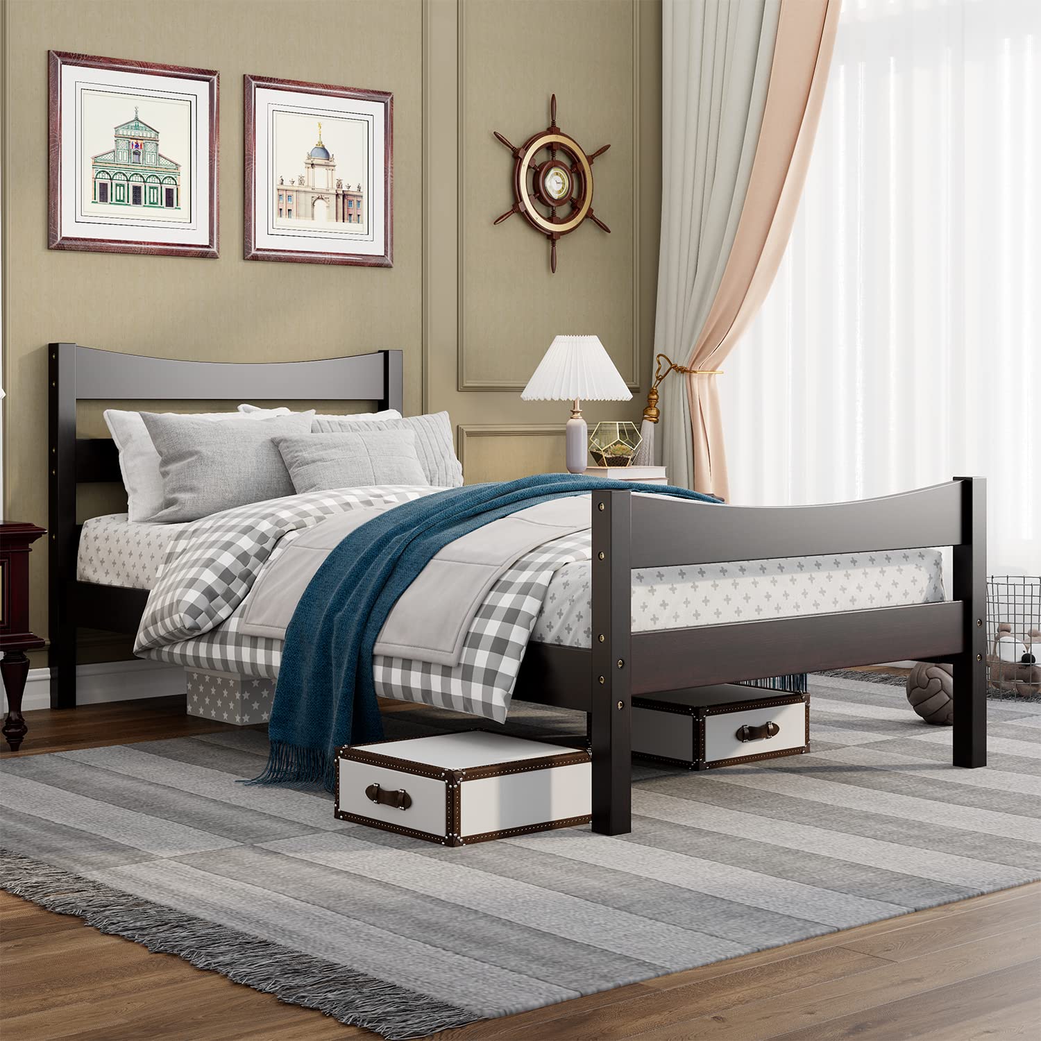 NAFOR Twin Size Wood Bed Frame with Headboard & Footboard - Solid Pine Platform Bed for Kids & Teens, No Box Spring Needed, Espresso Finish - Perfect for Bedrooms, Dorms, and Guest Rooms
