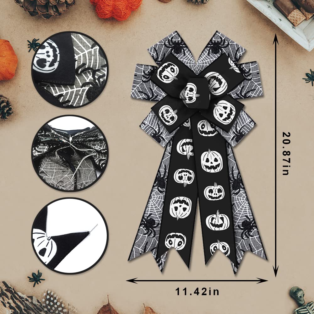 Large Halloween Bows for Wreaths - Black & Grey Burlap Spider Web Bows | Pumpkin Wreath Decor, Holiday Tree Topper & Front Door Party Decoration for Halloween Celebrations