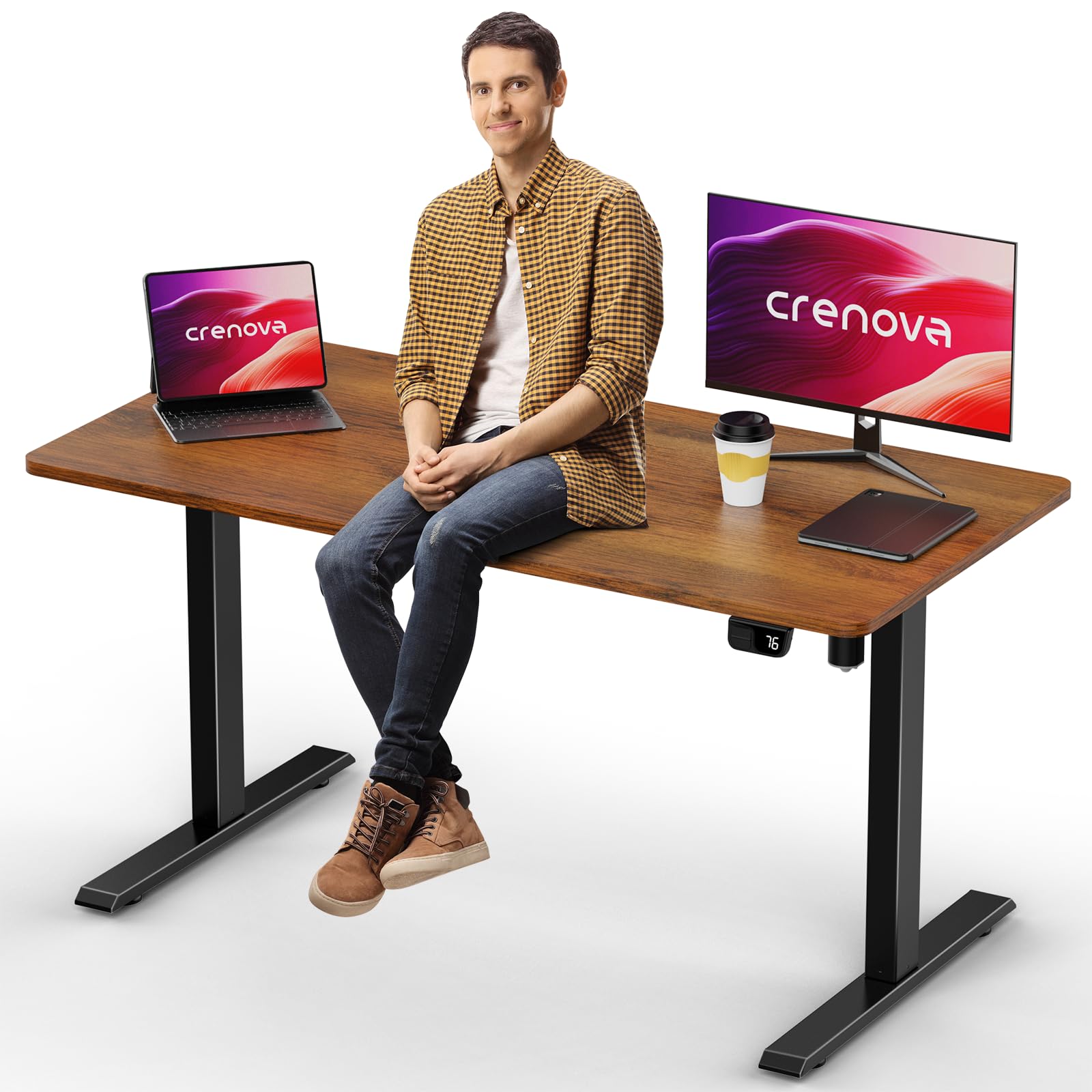 Crenova 48 x 24 Inches Electric Height Adjustable Standing Desk - Vintage Brown Whole-Piece Sit Stand Computer Desk for Home Office, Gaming & Studying | Ergonomic Workspace Solution for Productivity & Comfort