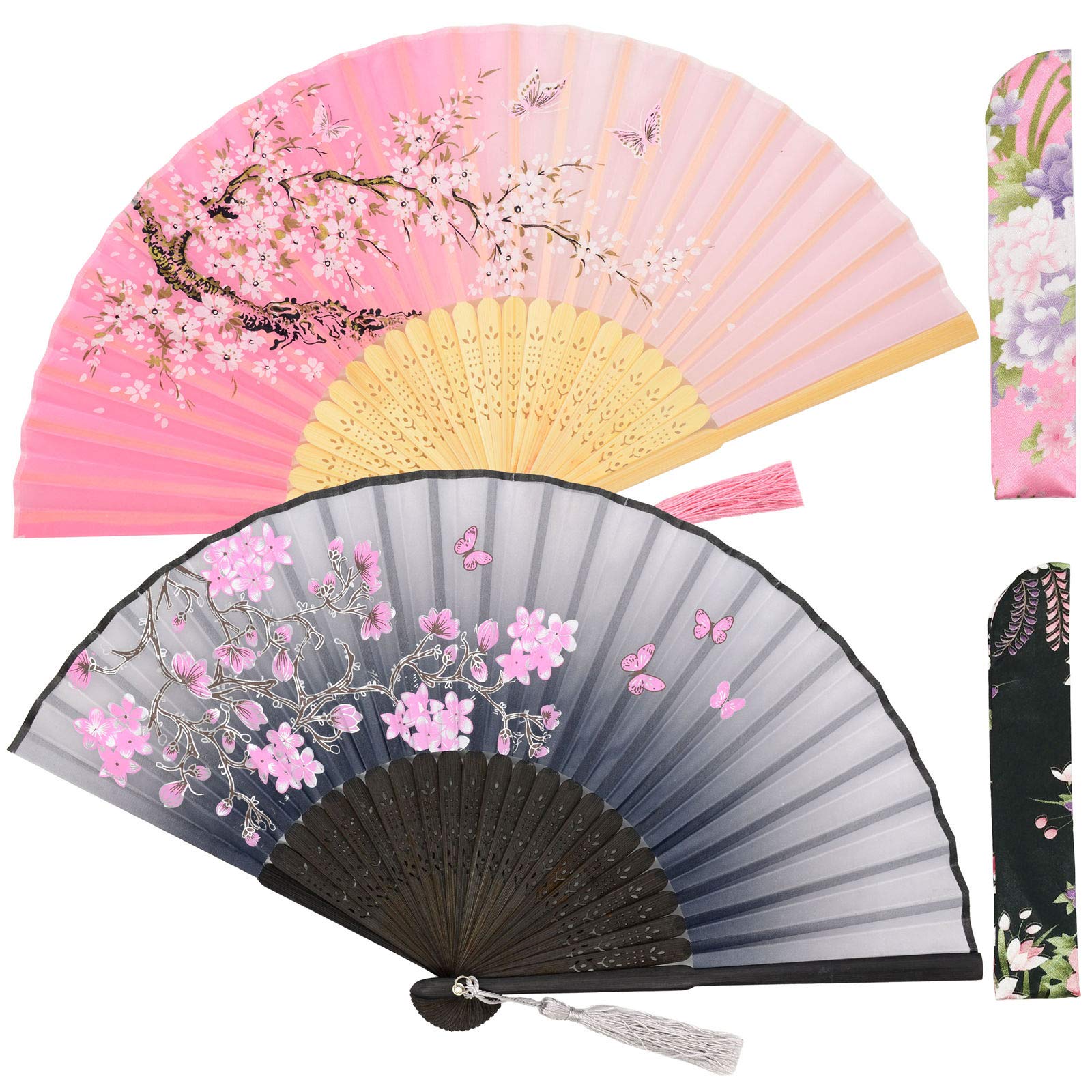 Zolee 2 Pack Small Folding Hand Fans for Women - Vintage Chinese Japanese Style Bamboo Silk Fans - Perfect for Dance, Performance, Wedding, Party, Home Decor & Gifts (Gray & Pink Cherry Blossom) - Ideal for Summer Cooling, Cosplay, Photo Props & Asian Themed Events