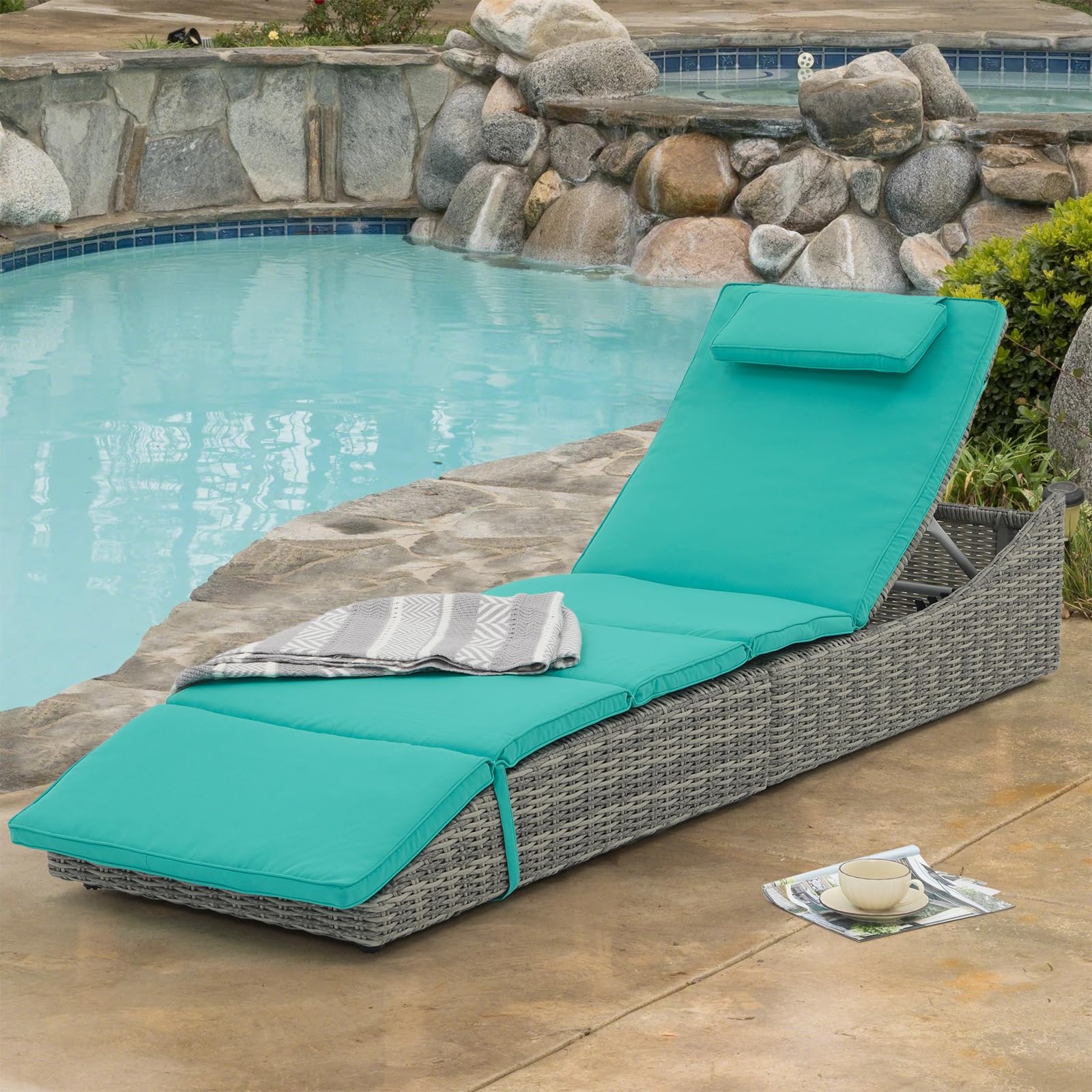 Premium Adjustable Folding Chaise Lounge Chair with Removable Cushion - Patio PE Rattan Recliner for Pool, Beach & Backyard - Fully Assembled Outdoor Furniture (Turquoise) - Perfect for Sunbathing, Relaxing & Poolside Lounging