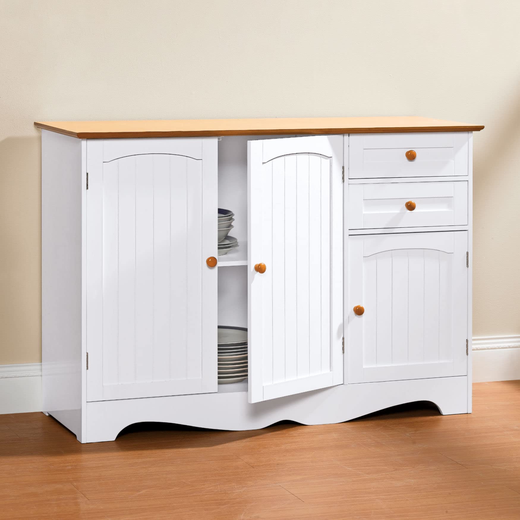 BrylaneHome White Honey Country Kitchen Buffet Storage Table - Perfect for Dining Room, Kitchen, or Entryway Organization