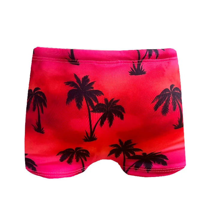 Red Tie Dye Coconut Trees Boys Swim Briefs - Quick Dry Swim Trunks for Kids, Beach & Pool Wear, Summer Vacation Essentials
