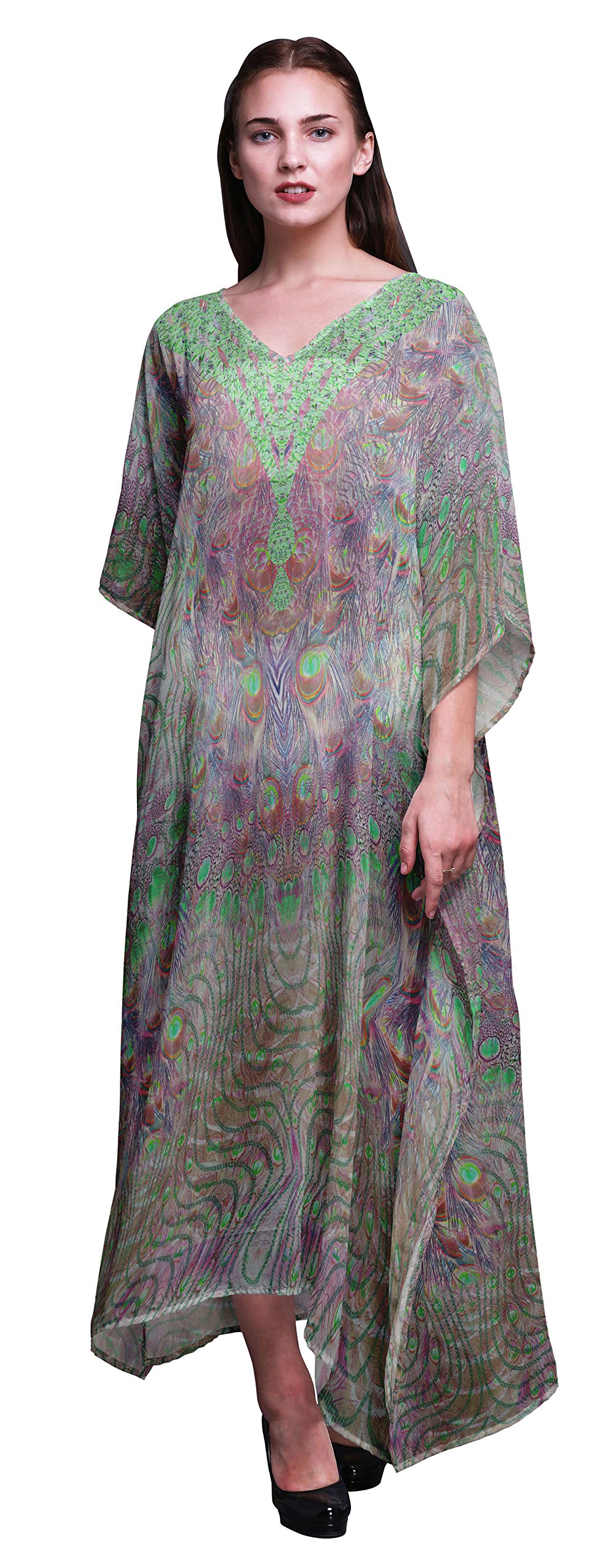 Elegant Peacock Feather Print Women's Long Beach Kaftan - Flowy Bikini Cover Up Maxi Dress for Summer Vacation, Pool Party & Boho Fashion