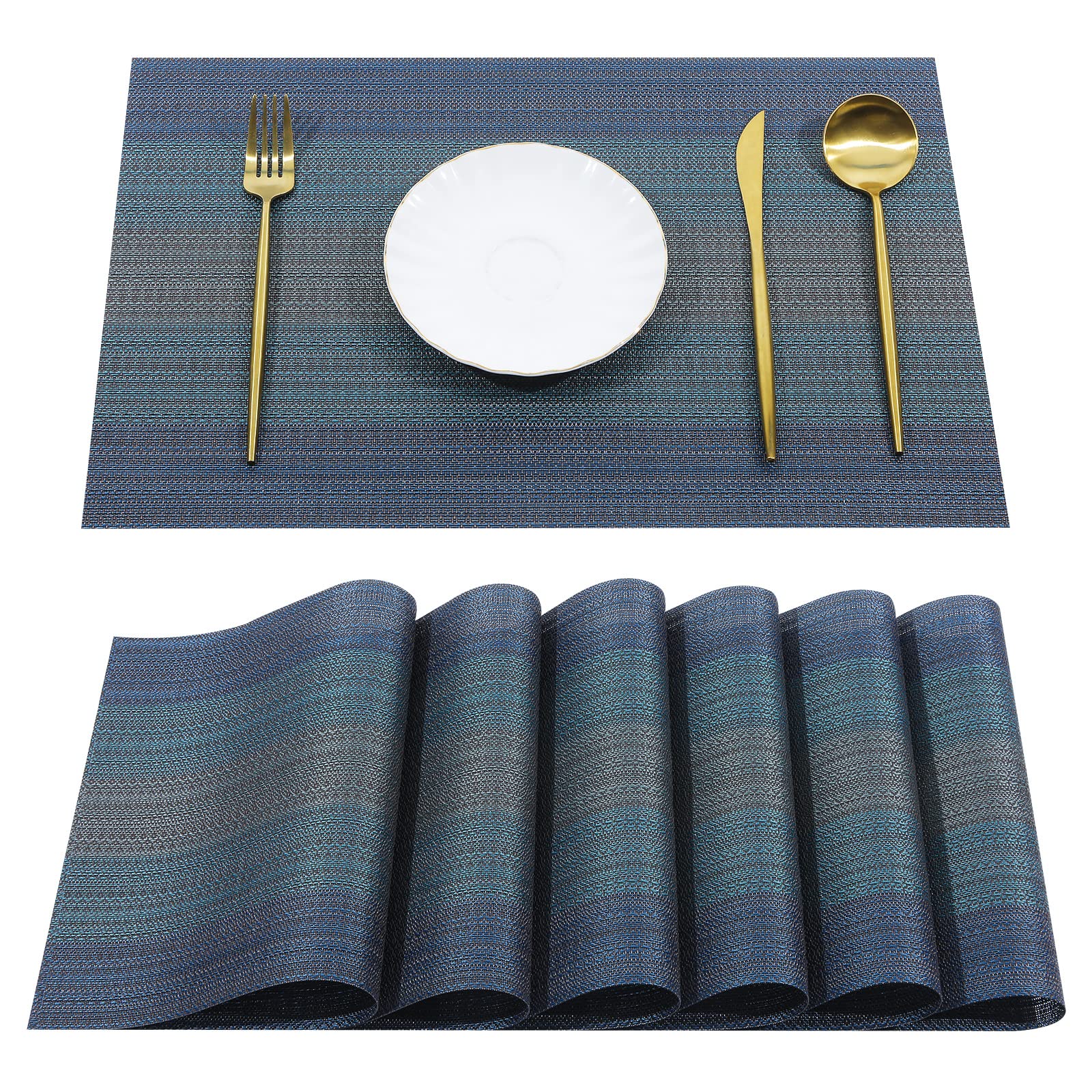 Premium Woven Vinyl Placemats Set of 6 - Heat Resistant & Washable Table Mats for Indoor/Outdoor Dining - Dark Blue - Perfect for Family Meals, Kids' Use, and Outdoor Entertaining