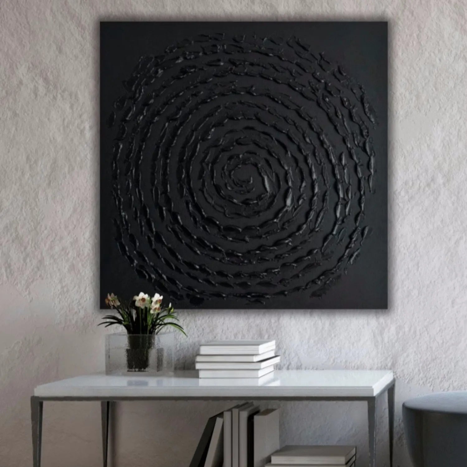 Black Minimalist Textured Painting Canvas #MZ113 - Modern Abstract Wall Art for Living Room, Bedroom & Office Decor