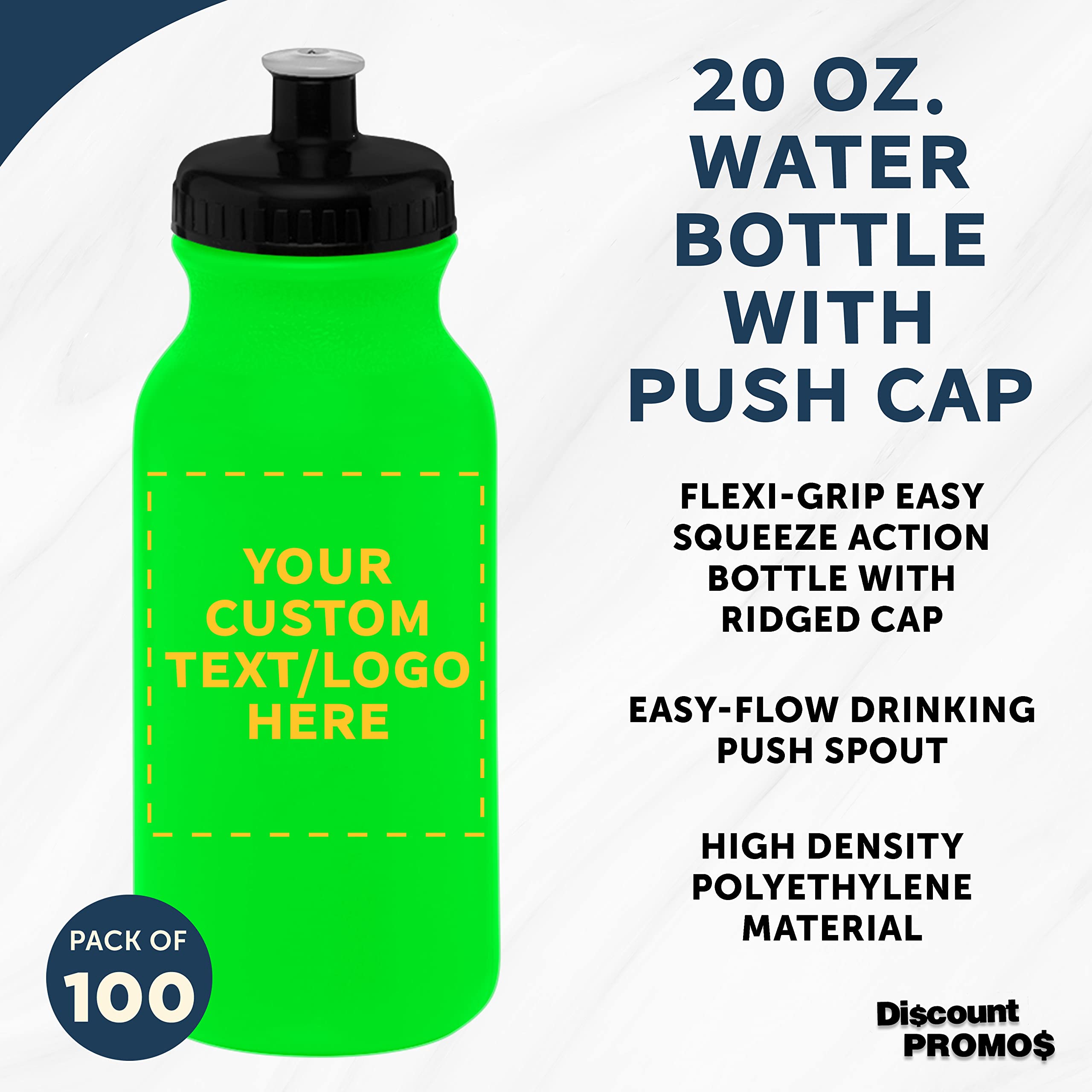 Custom 20 oz. Water Bottles with Push Cap - Bulk Pack of 100 Personalized Neon Green Sport Bottles - Ideal for Gym, Hiking, Camping & Outdoor Activities - Durable Leak-Proof Design for Workouts, Travel & Adventure