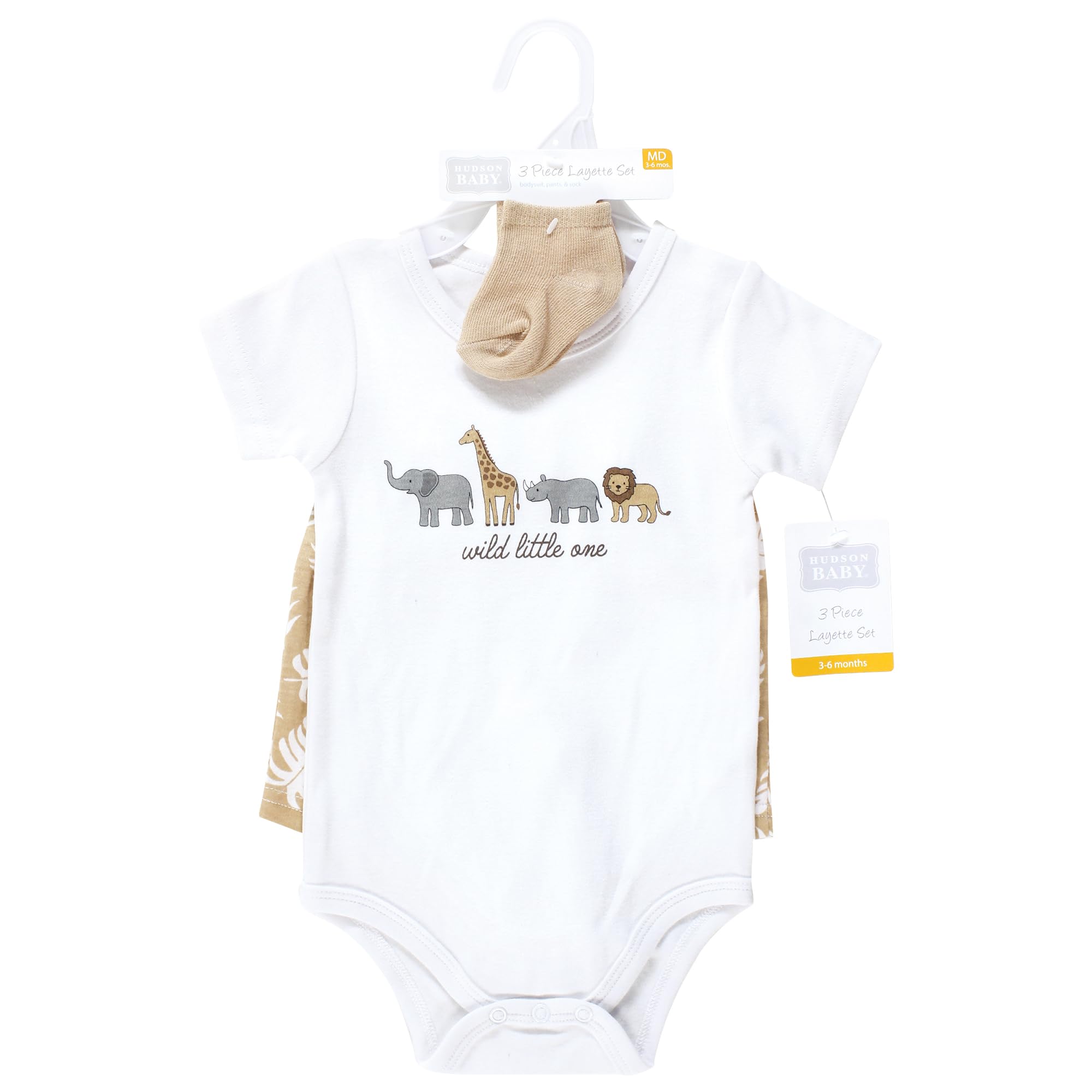 Hudson Baby Unisex Baby Bodysuit, Short Sleeve Romper & Socks Set - Wild Little One Print - 12-18 Months - Soft Cotton Outfit for Playtime, Daycare & Photo Shoots