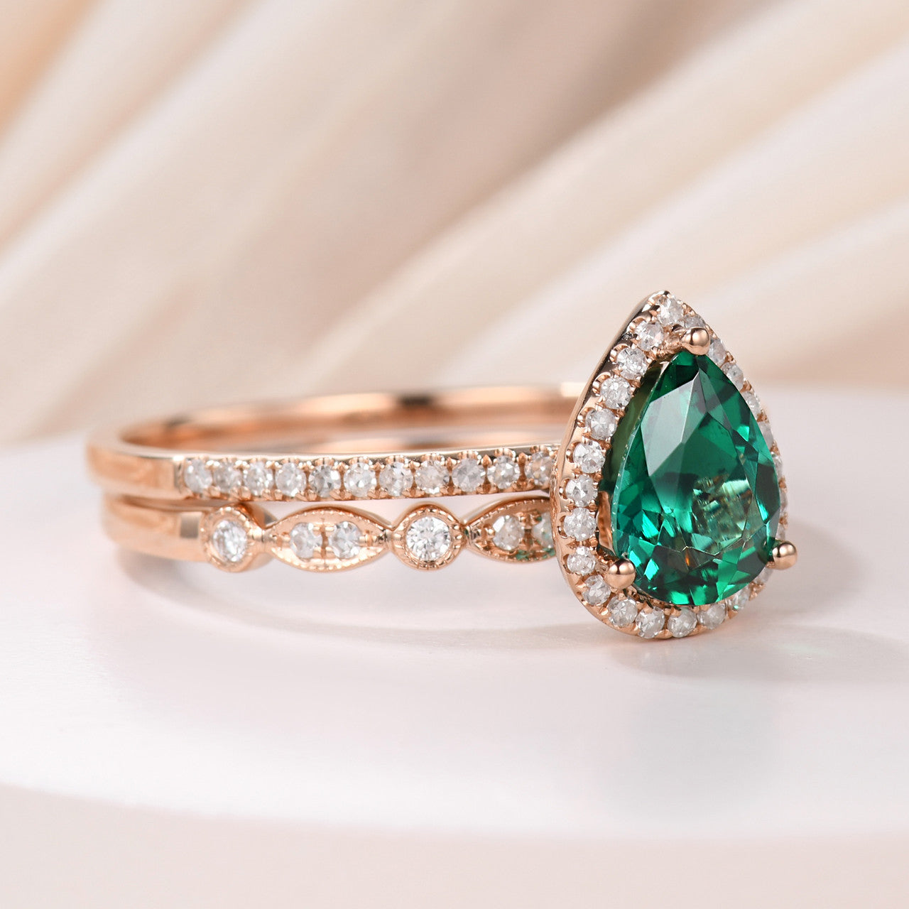 1 Carat Teardrop Emerald Cut Diamond Engagement Ring Set with Wedding Band - 14k Yellow Gold Art Deco Milgrain Stackable Ring Set for Women - Perfect for Proposals, Anniversaries & Bridal Jewelry