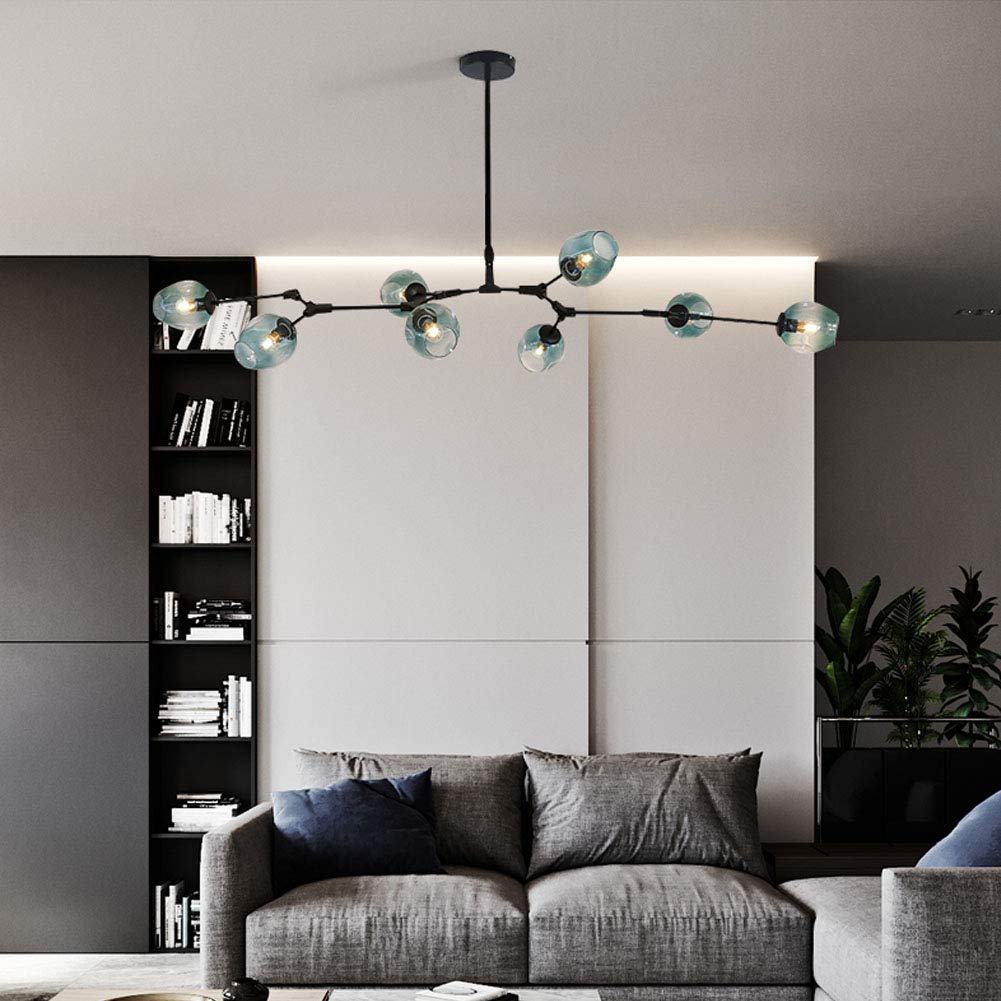 Modern 8-Light Rotatable Glass Chandelier with Metal Branches - Black Gradient Blue Ceiling Hanging Lamp for Bedroom, Living Room & Kitchen Decor | Perfect for Dining Areas, Entryways and Home Lighting Upgrade