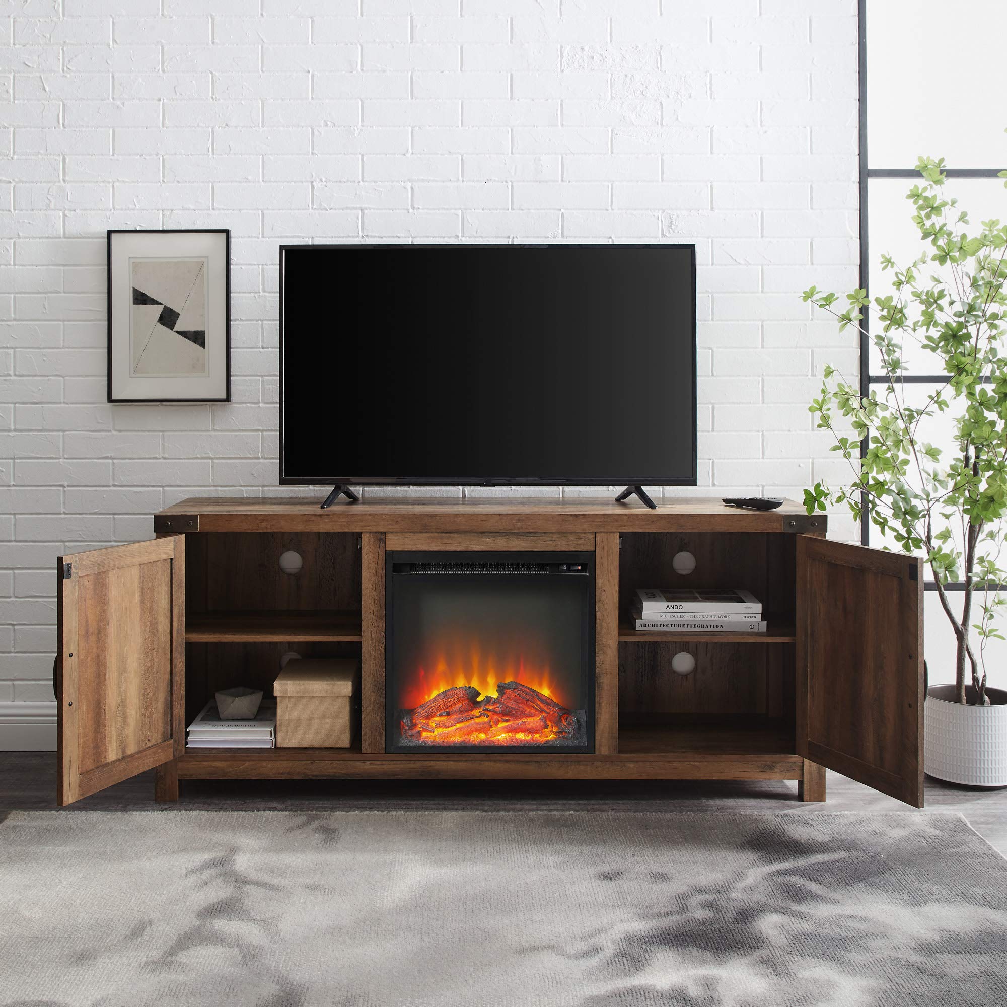 Walker Edison Georgetown Modern Farmhouse 65 Inch TV Stand with Double Barn Doors - Rustic Oak Finish TV Cabinet for Living Room, Bedroom & Home Theater