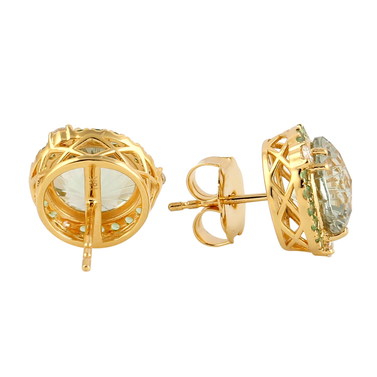 18K Yellow Gold Green Amethyst Round Tsavorite Pave Diamond Stud Earrings - Elegant Jewelry for Women, Perfect for Weddings, Parties & Gifts