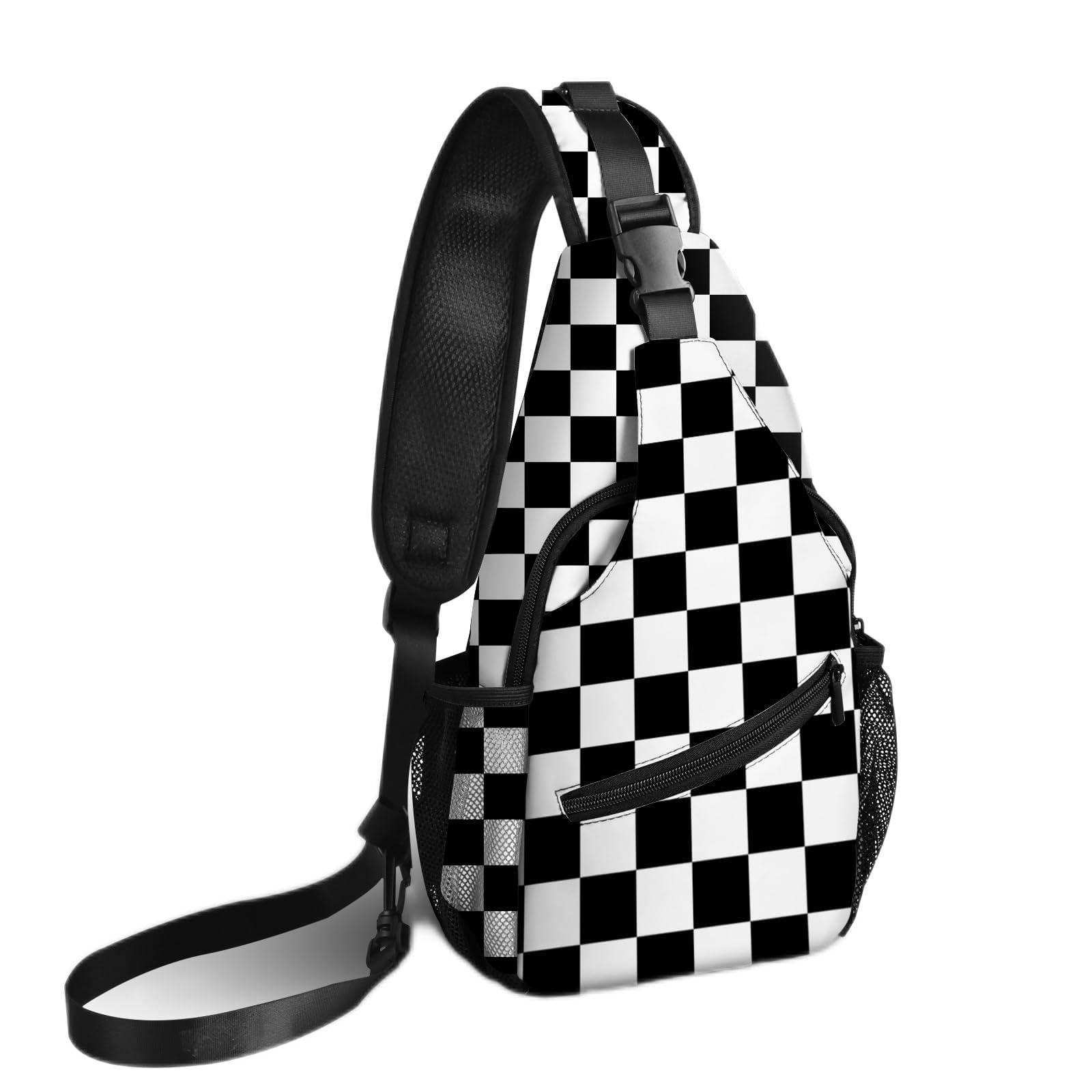 Yrebyou Black & White Checkered Crossbody Sling Bag - Lightweight Chest Backpack for Women & Men - Perfect for Travel, Hiking, Biking, Running & Outdoor Activities - Multipurpose Fashion Shoulder Bag