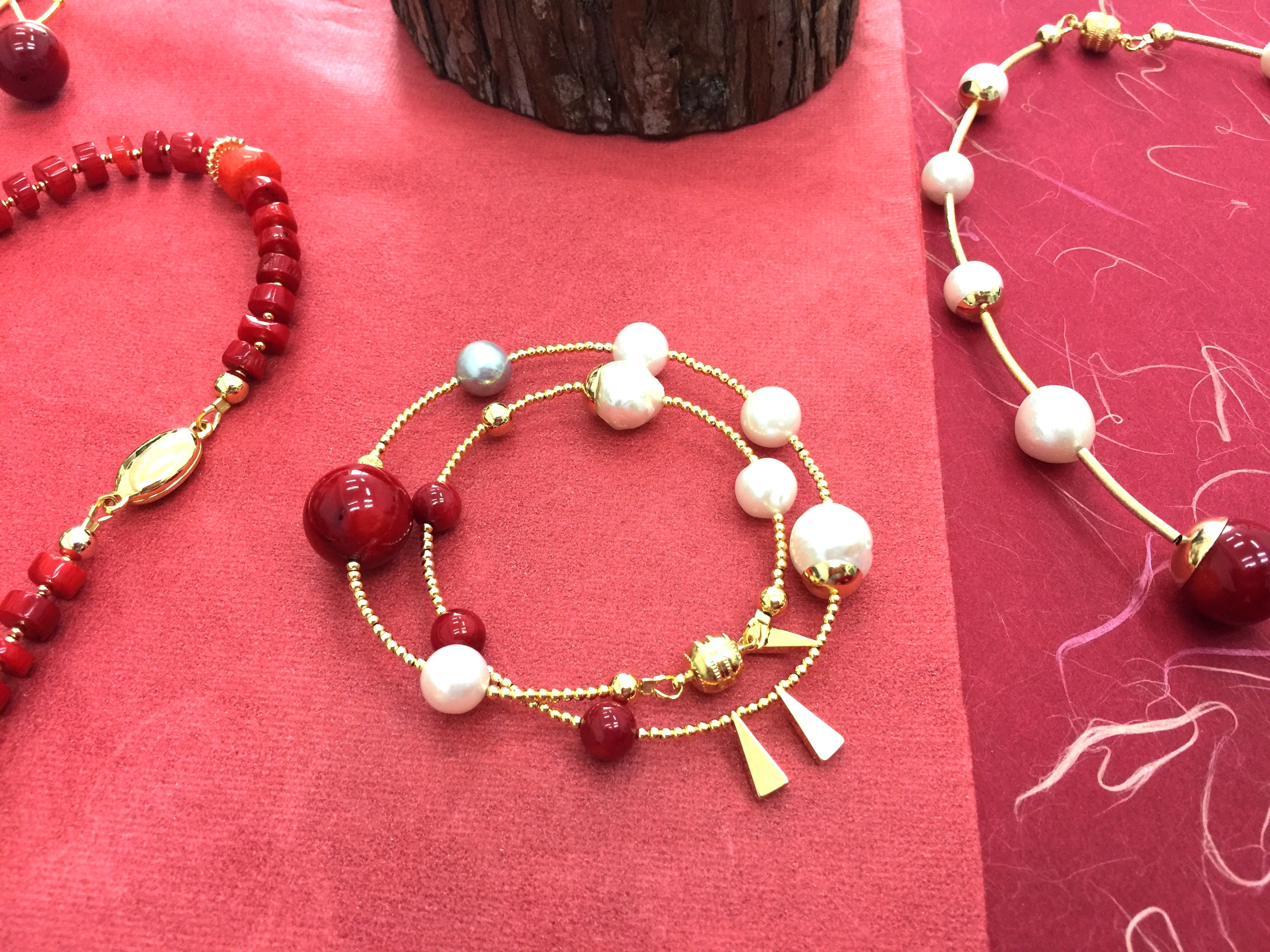 Elegant Freshwater Pearls & Red Coral Double Wrapped Bracelet AB005 | Perfect for Weddings, Parties & Gift Giving