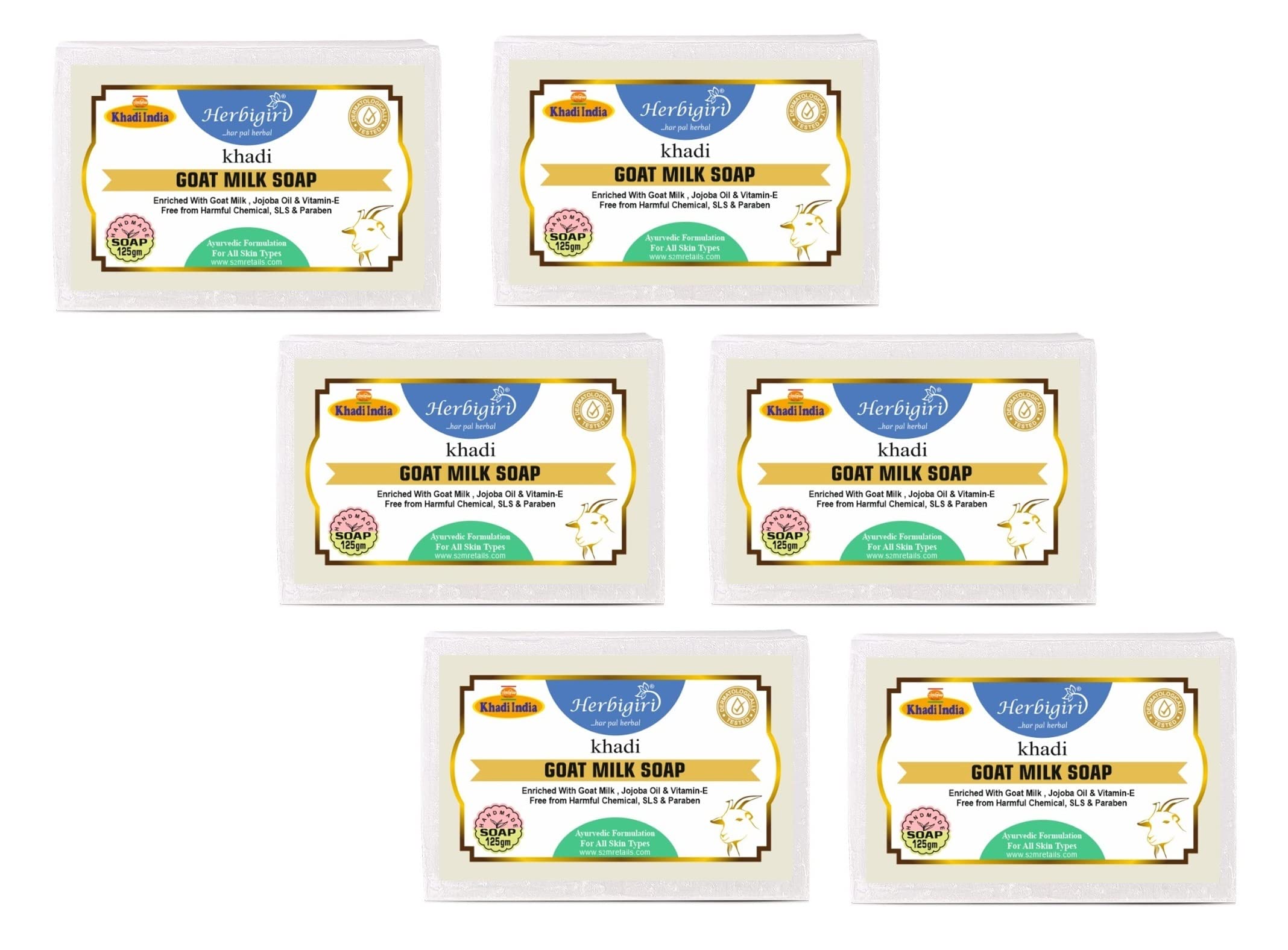 HERBIGIRI KHADI Natural Goat Milk Handmade Soap - 6 Pack (125g Each) | Organic, Moisturizing & Gentle for Dry & Sensitive Skin | Perfect for Daily Face & Body Cleansing, Spa & Gift Giving