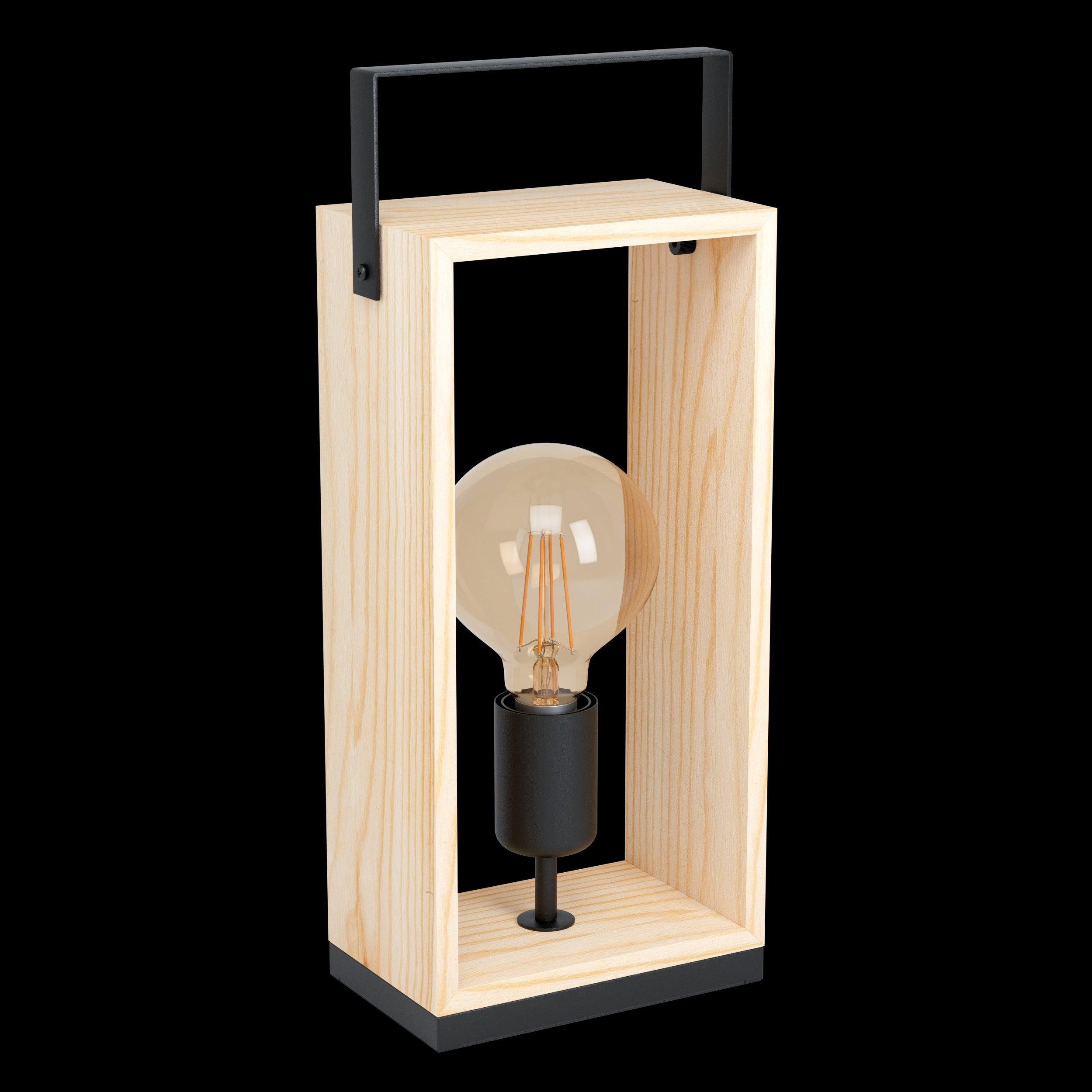 Eglo Famborough Natural Square Wooden Table Lamp - Modern Farmhouse Nightstand Light for Bedroom, Living Room & Office Decor