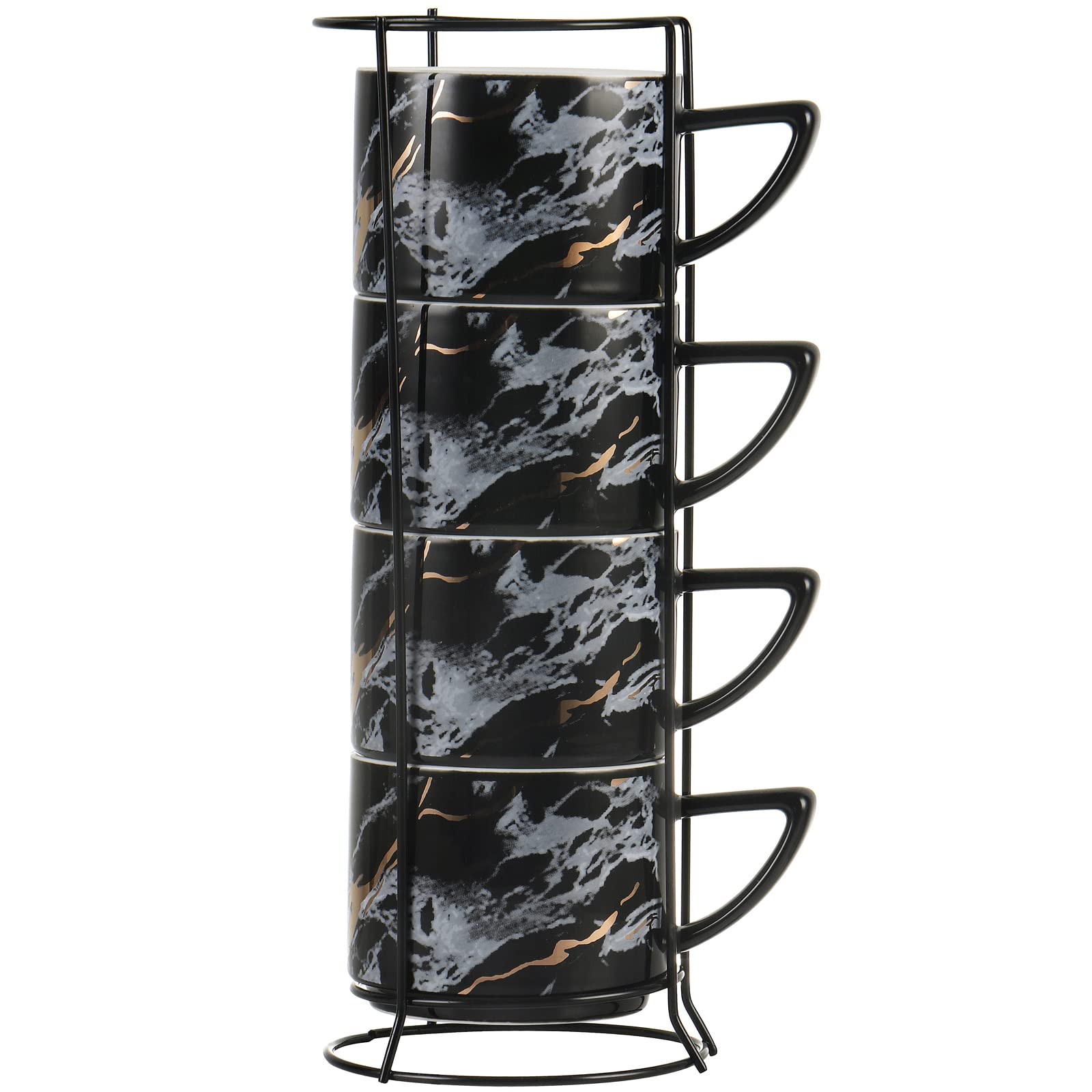 Premium 210ML Stackable Ceramic Cappuccino Cups Set of 4 with Stand - Elegant Black Coffee Mugs for Espresso, Tea & Hot Beverages - Perfect for Home, Office & Cafe Use