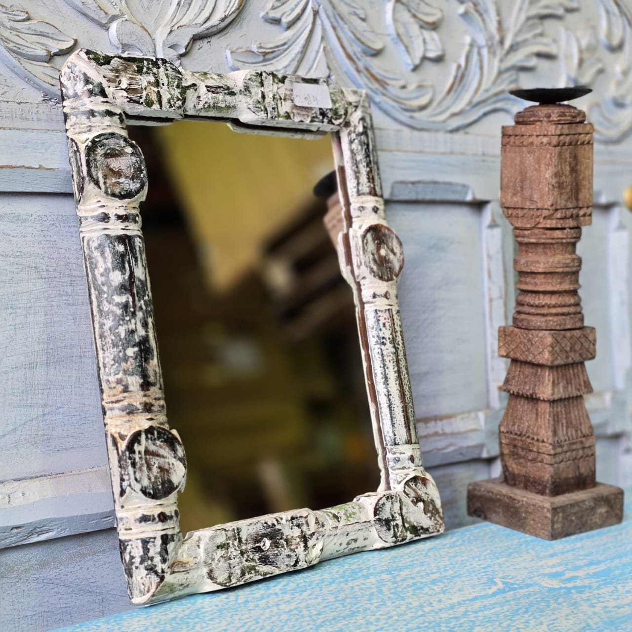 Handmade Solid Wood Carved Indian Furniture Mirror Frame - Rustic White 06 - Perfect for Living Room, Bedroom, or Home Decor