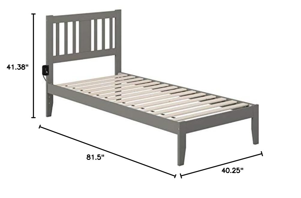 BOWERY HILL Solid Wood Twin XL Spindle Bed Frame with USB Turbo Charger - Gray Finish | Sturdy & Modern Platform Bed for Guest Rooms, Dorms & Small Spaces
