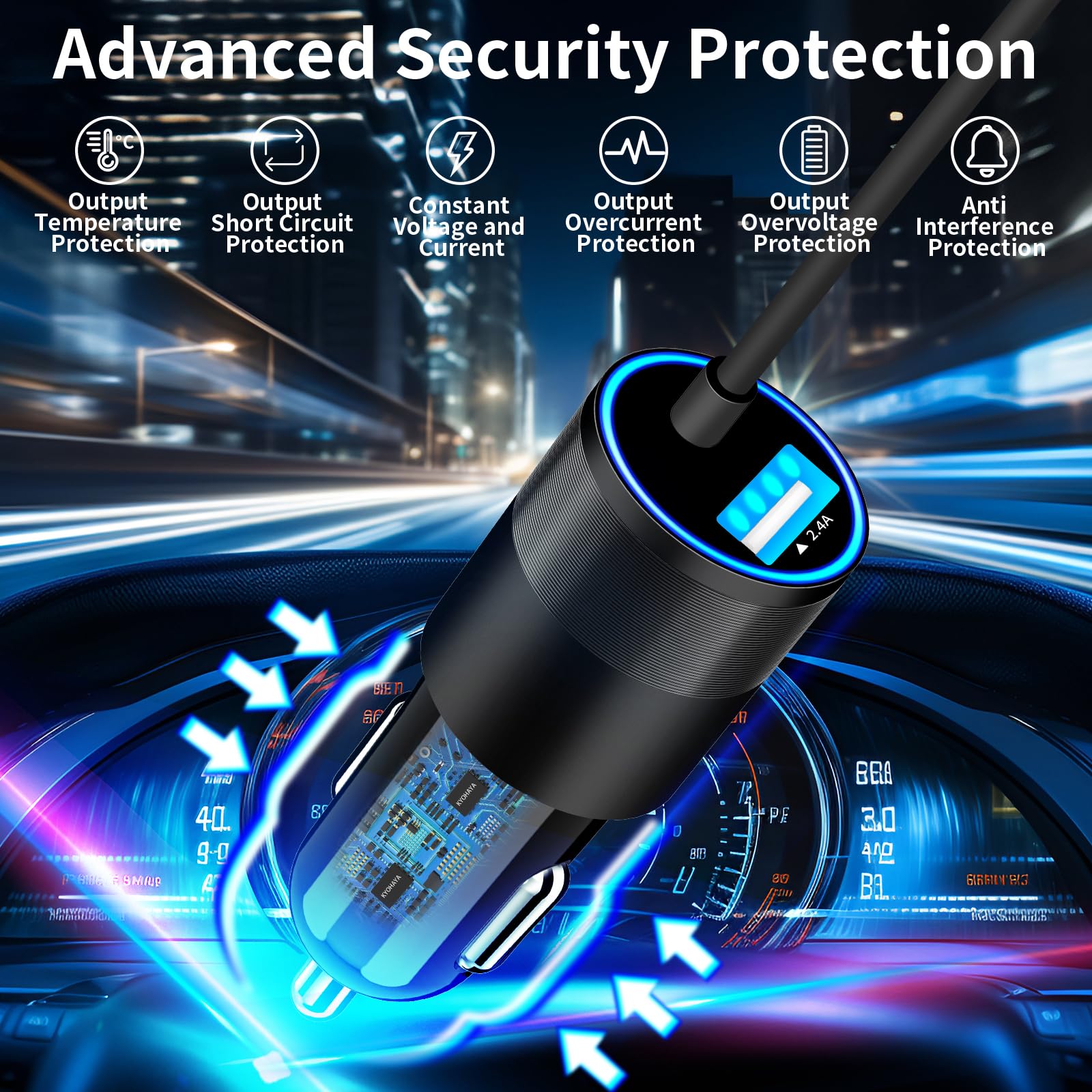 Apple MFi Certified Fast Car Charger for iPhone 15 - 4.8A Dual USB & USB-C Car Charger with 6FT Type-C Cable - Compatible with iPhone 15 Pro/Pro Max, Galaxy S24/S23, Pixel, iPad Pro - Perfect for Road Trips & Daily Commuting