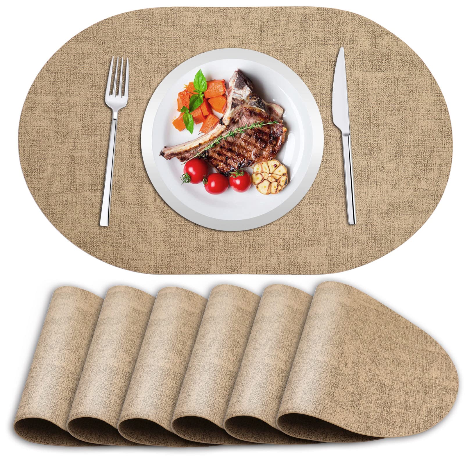 **ANUNU Set of 6 Double-Sided Faux Leather Placemats – Heat Resistant, Waterproof, Non-Slip Oval Dining Table Mats for Kitchen & Home Decor (Camel) – Perfect for Everyday Meals, Dinner Parties & Holiday Gatherings**