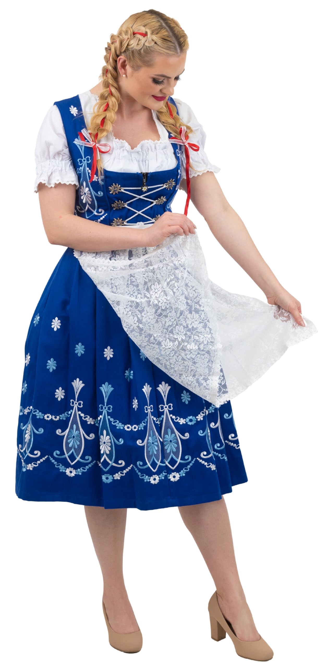 Authentic Bavarian Dirndl Dress for Women – 3-Piece Long Blue Oktoberfest Costume | Traditional German Trachten Haus Outfit for Oktoberfest, Beer Festivals & Cultural Events