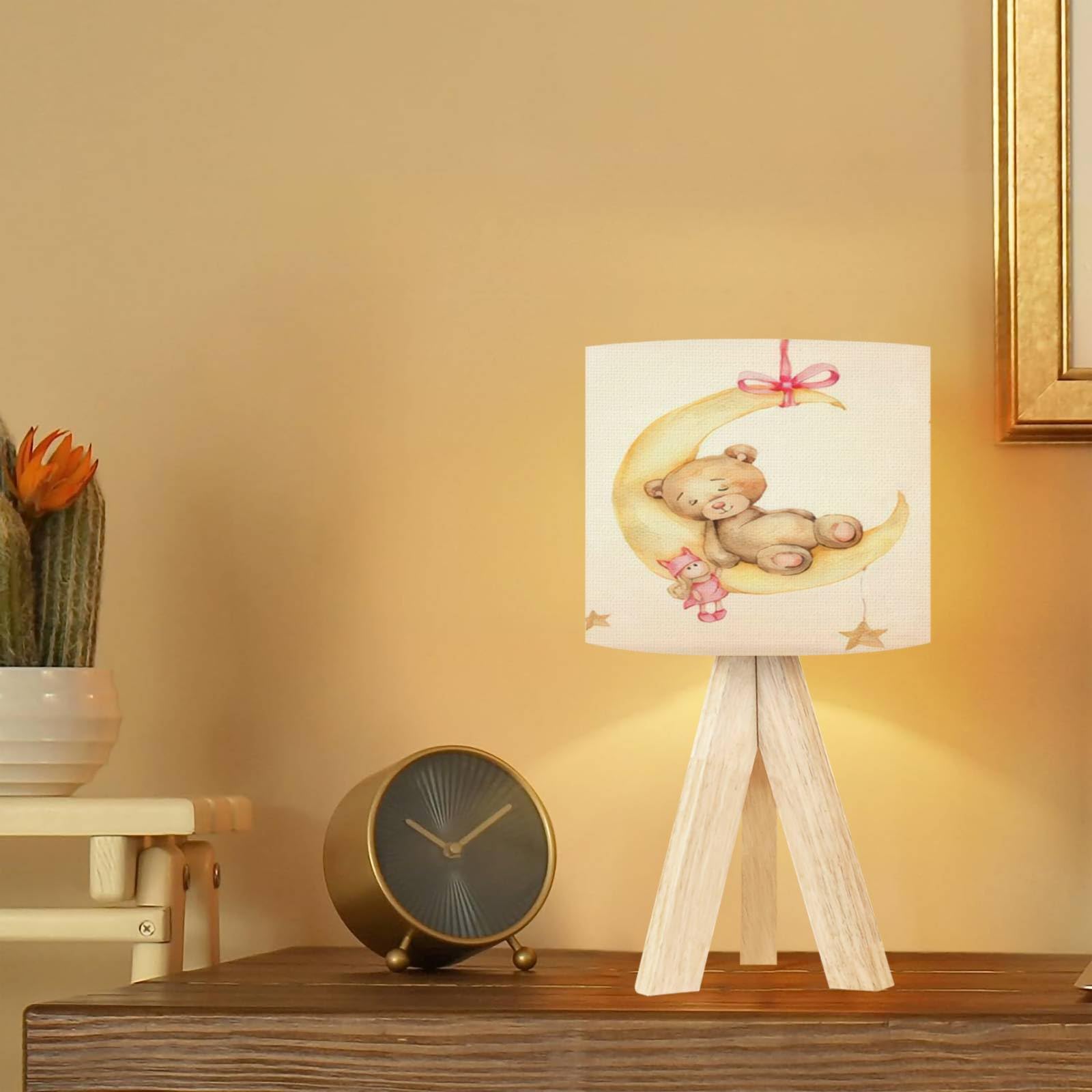 Brown Bear & Moon Watercolor Table Lamp - Dimmable Wooden Base Fabric Desk Lamp for Kids Room, Nursery, Bedroom & Living Room | Modern Night Light for Reading, Study & Cozy Ambiance