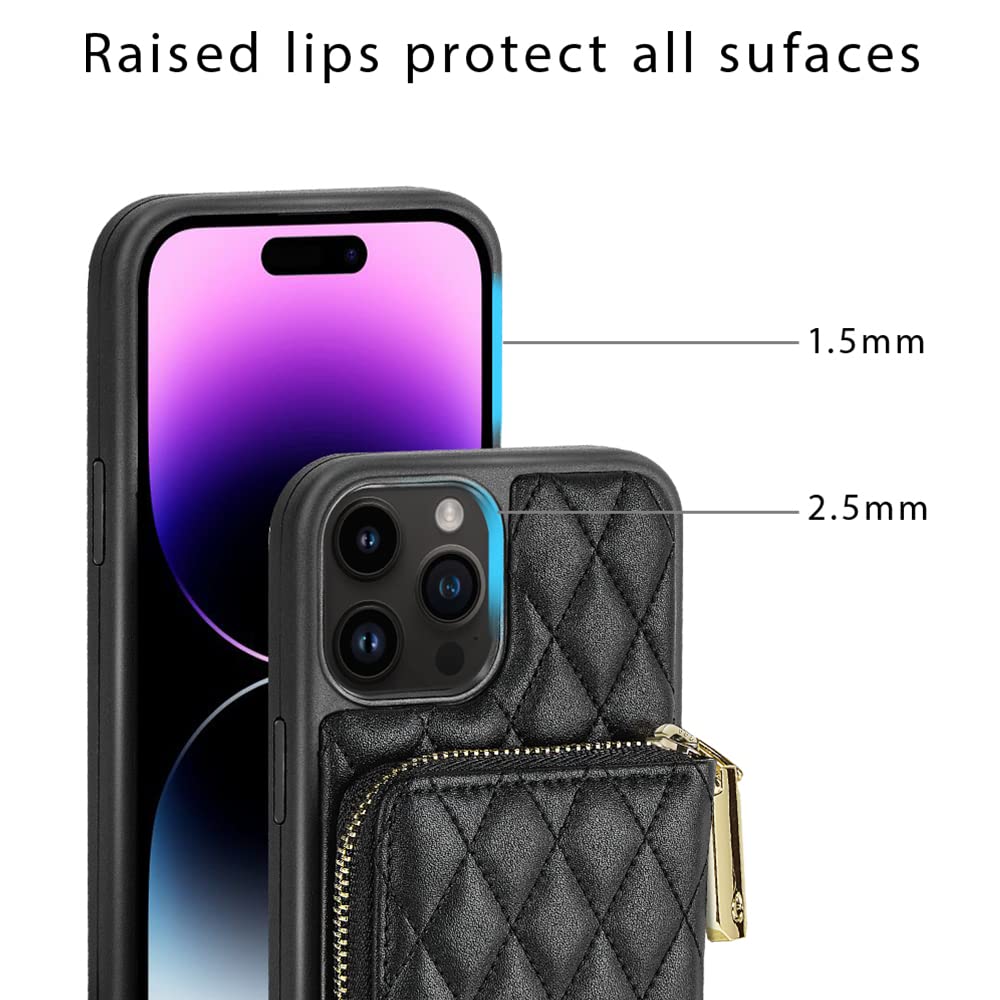 LAMEEKU iPhone 13 Pro Max Wallet Case with Card Holder & Crossbody Chain - 6.7 Inch Quilted Leather Phone Purse for Women (Black) - Perfect for Shopping, Travel and Everyday Use