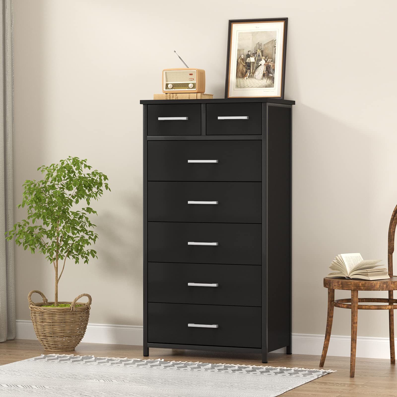 IKENO 7-Drawer Tall Dresser with Sturdy Metal Frame - Industrial Bedroom Storage Cabinet for Clothes Organization | Perfect for Small Spaces & Apartment Living