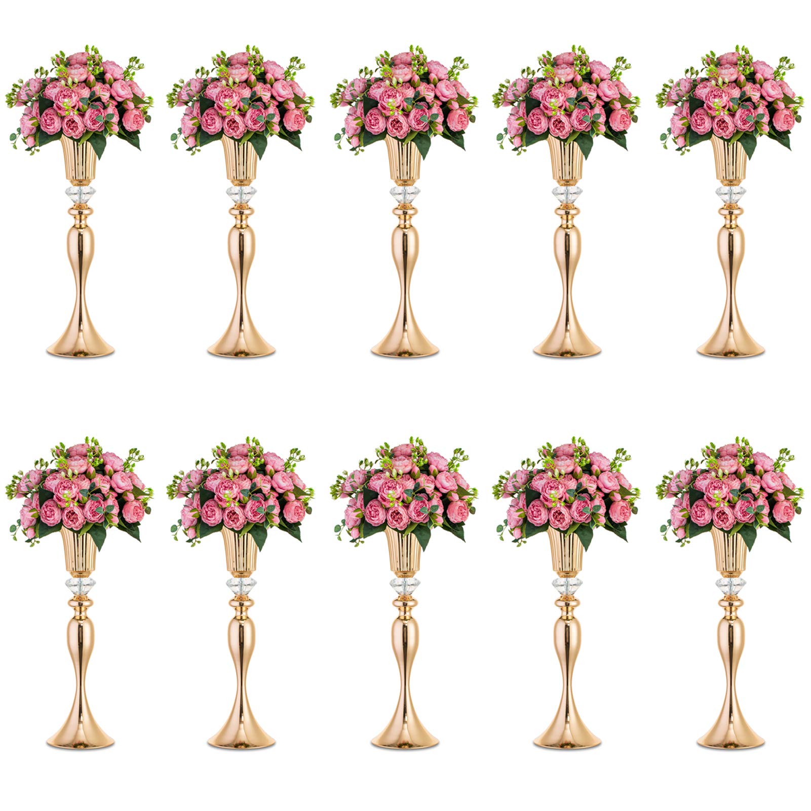 10 Pcs Gold Metal Flower Trumpet Vases with Crystal Beads - 21.65