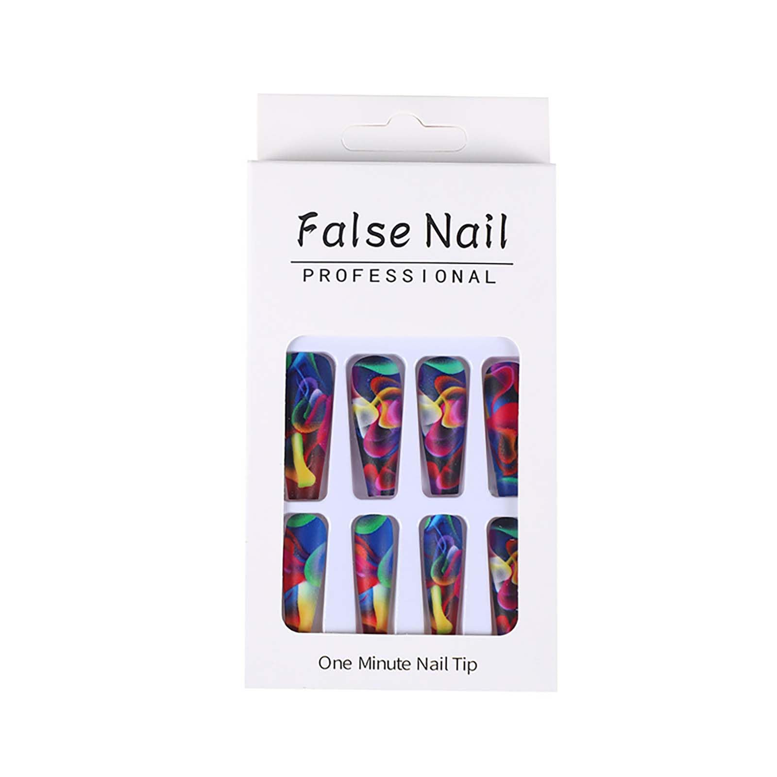 24Pcs Acrylic Press on Nails Long Coffin Fake Nails with Glue - Water Ripple Rainbow Designs Full Cover Artificial Nails for Women, Salon & Party Use