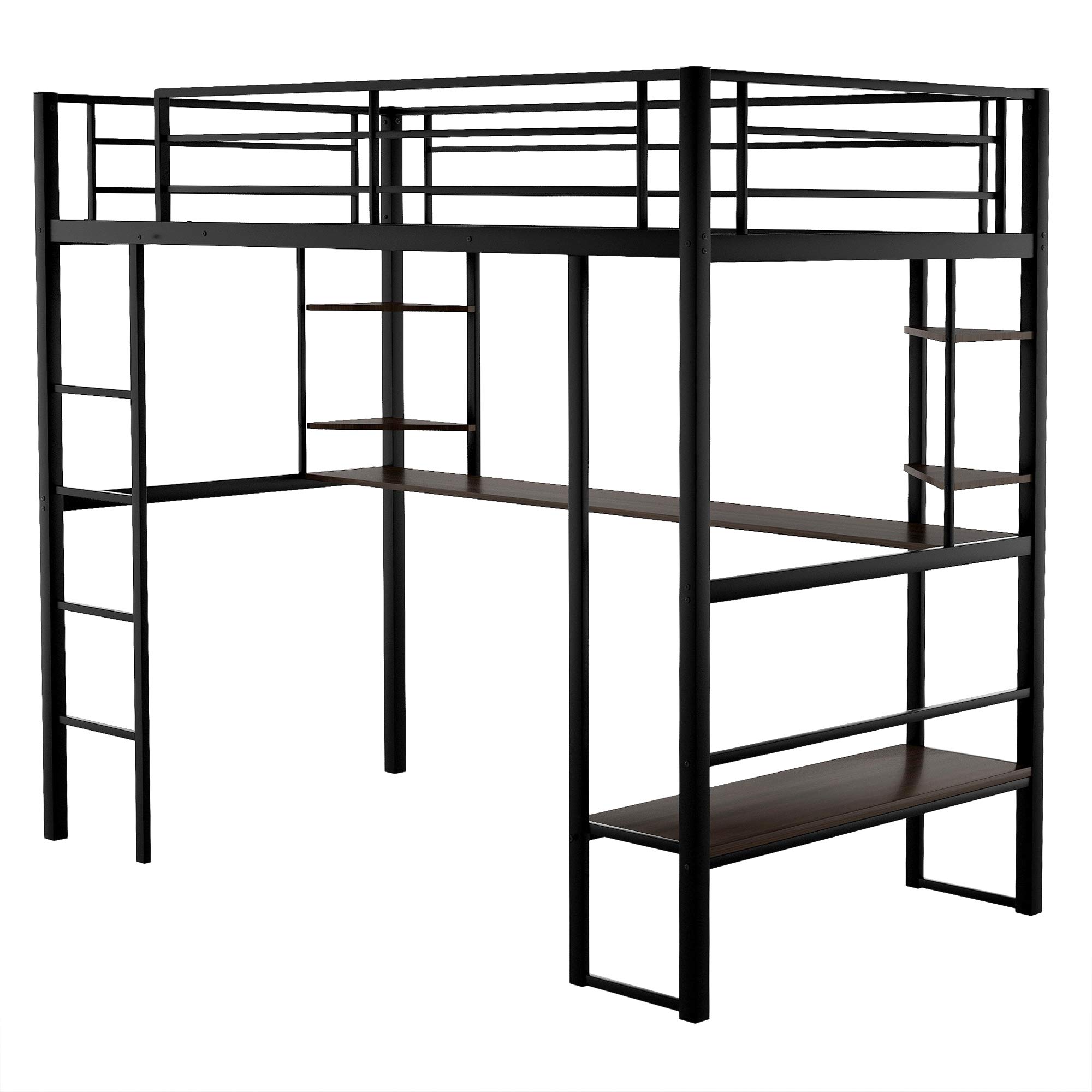 Full Metal Loft Bed with Long Desk, Shelves & Safety Guardrails - Space Saving Twin/Queen Size Bed Frame with Ladder, No Box Spring Required - Perfect for Small Apartments, Dorms & Kids Rooms