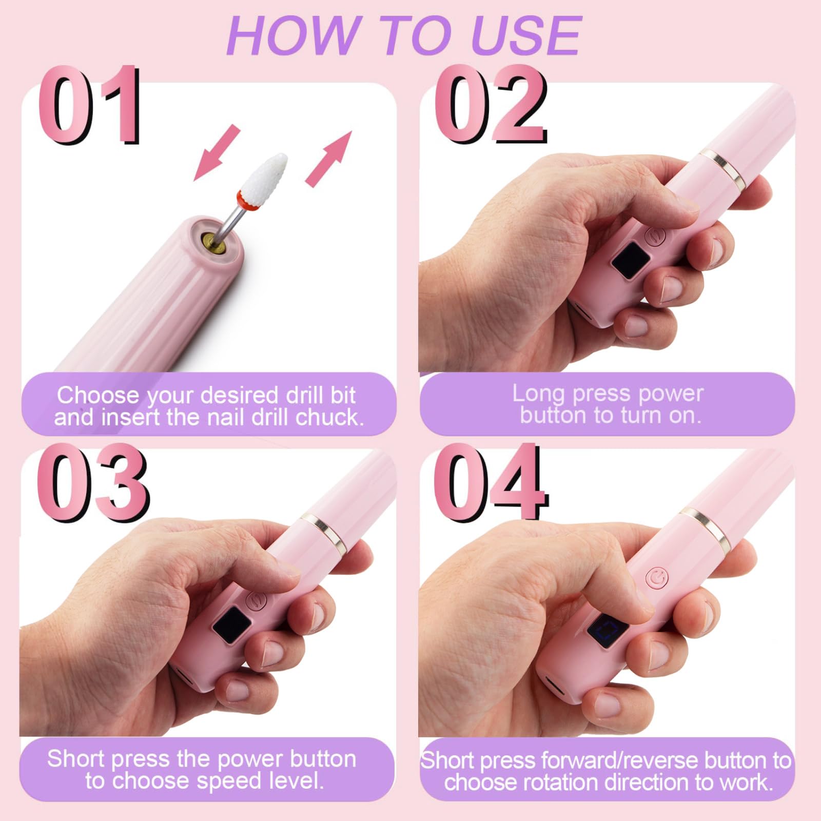 Professional Rechargeable Electric Nail Drill Kit - Cordless Nail Filer for Acrylic & Gel Nails | Manicure & Pedicure Set for Beginners & Professionals | Perfect for Home Salon, Nail Art & DIY Nail Care (Pink)