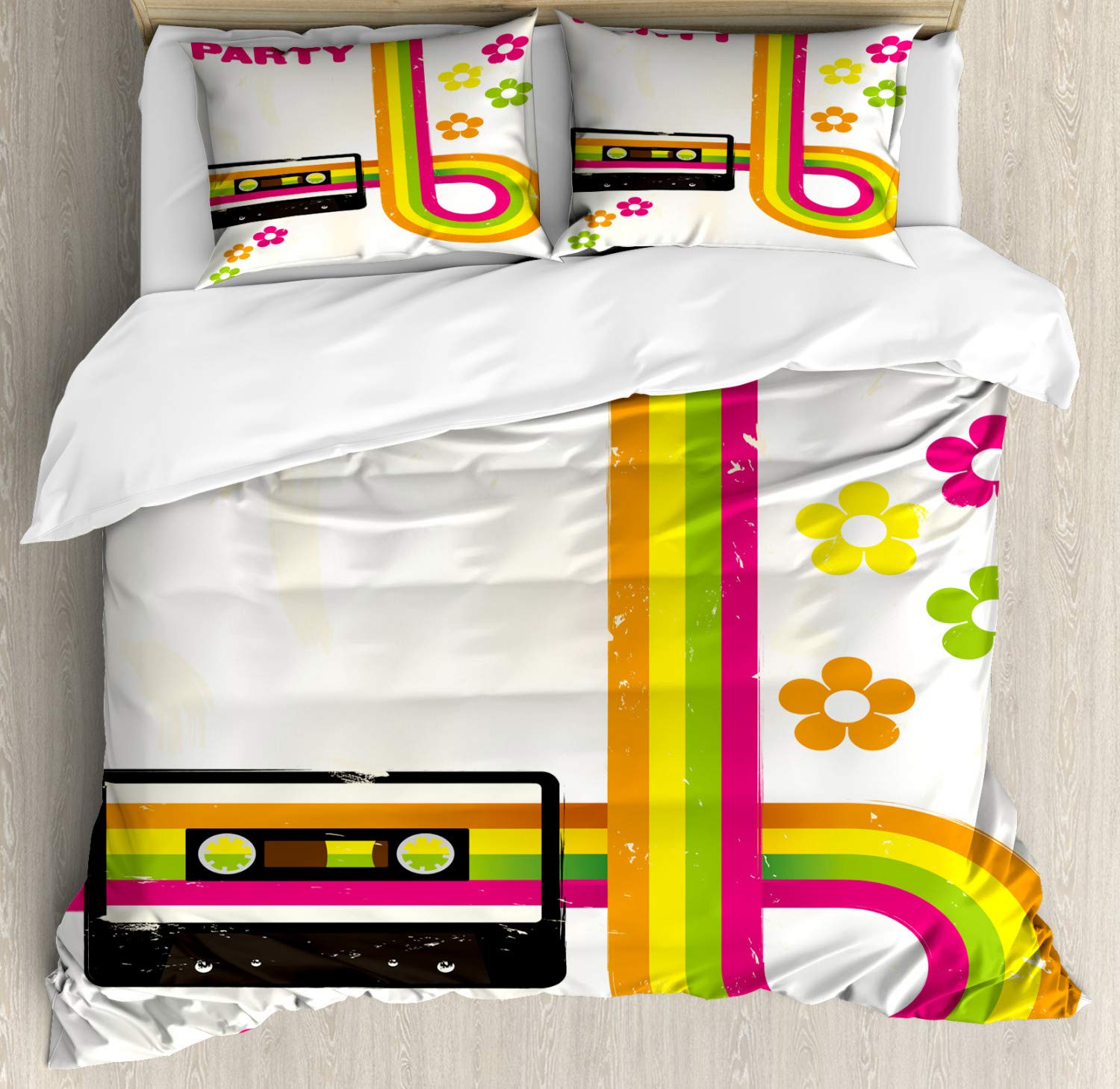 Ambesonne 70s Retro Duvet Cover Set - Vibrant Curved Stripes & Daisy Print with Cassette Tape Design | 3-Piece Bedding Set with 2 Pillow Shams | California King Size | Multicolor Bohemian Style | Perfect for Vintage Themed Bedrooms, Dorm Decor & Hippie Party Decorations