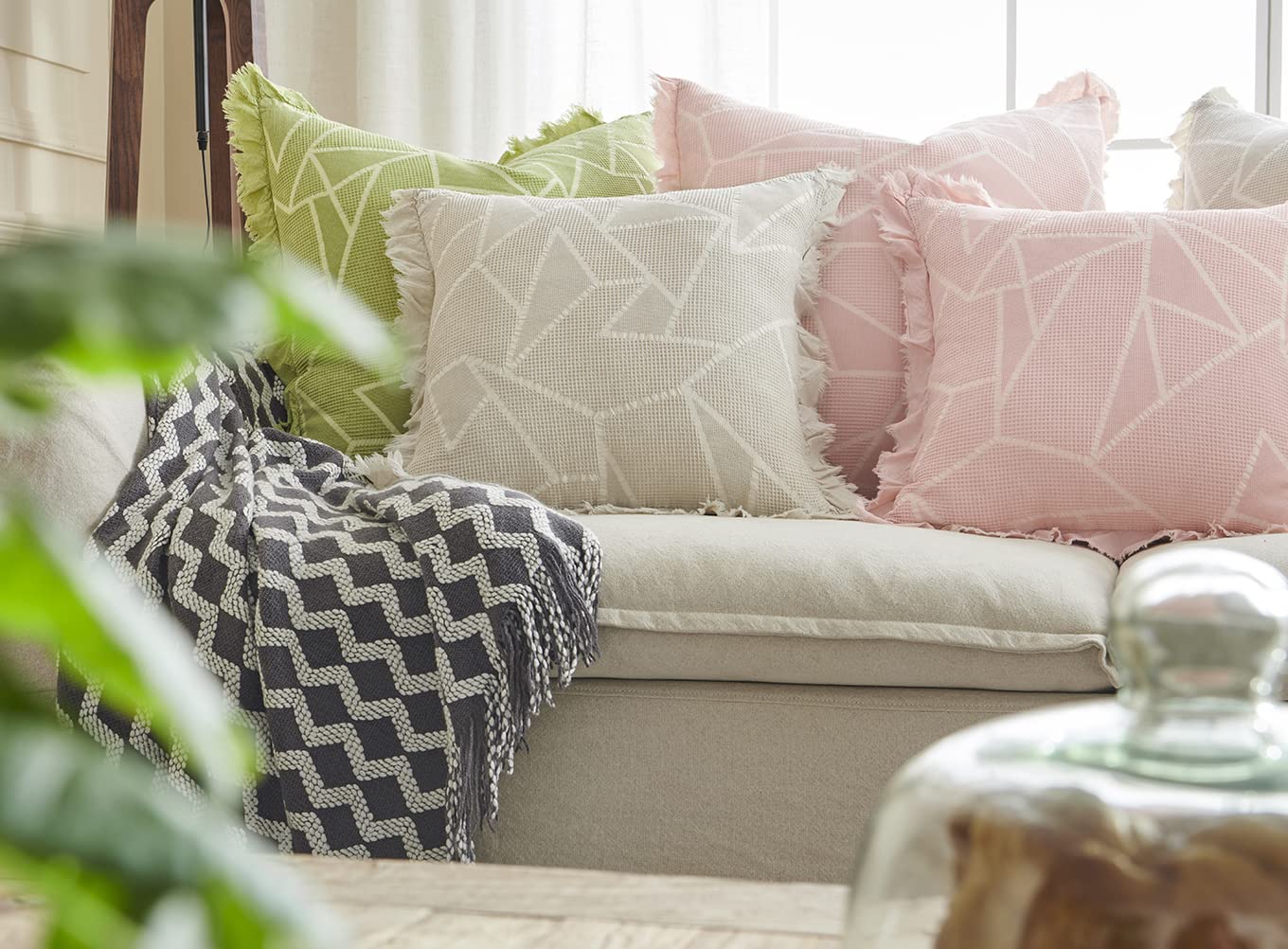 2 Pack 24x24 Inch Waffle Weave Throw Pillow Covers - Stone Washed Geometric Triangle Pattern Decorative Cushion Covers for Sofa, Couch, Bed & Car - Soft Euro Shams for Home Decor & Cozy Living Room Accents
