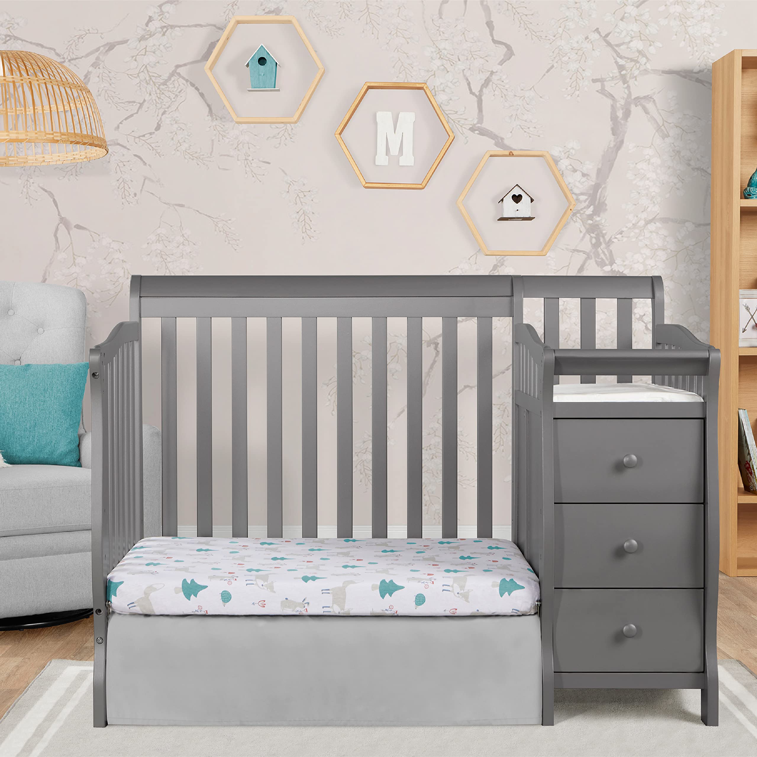 **Dream On Me Jayden 4-in-1 Convertible Mini Crib & Changer – Storm Grey, GREENGUARD Gold Certified, Non-Toxic New Zealand Pinewood, 1