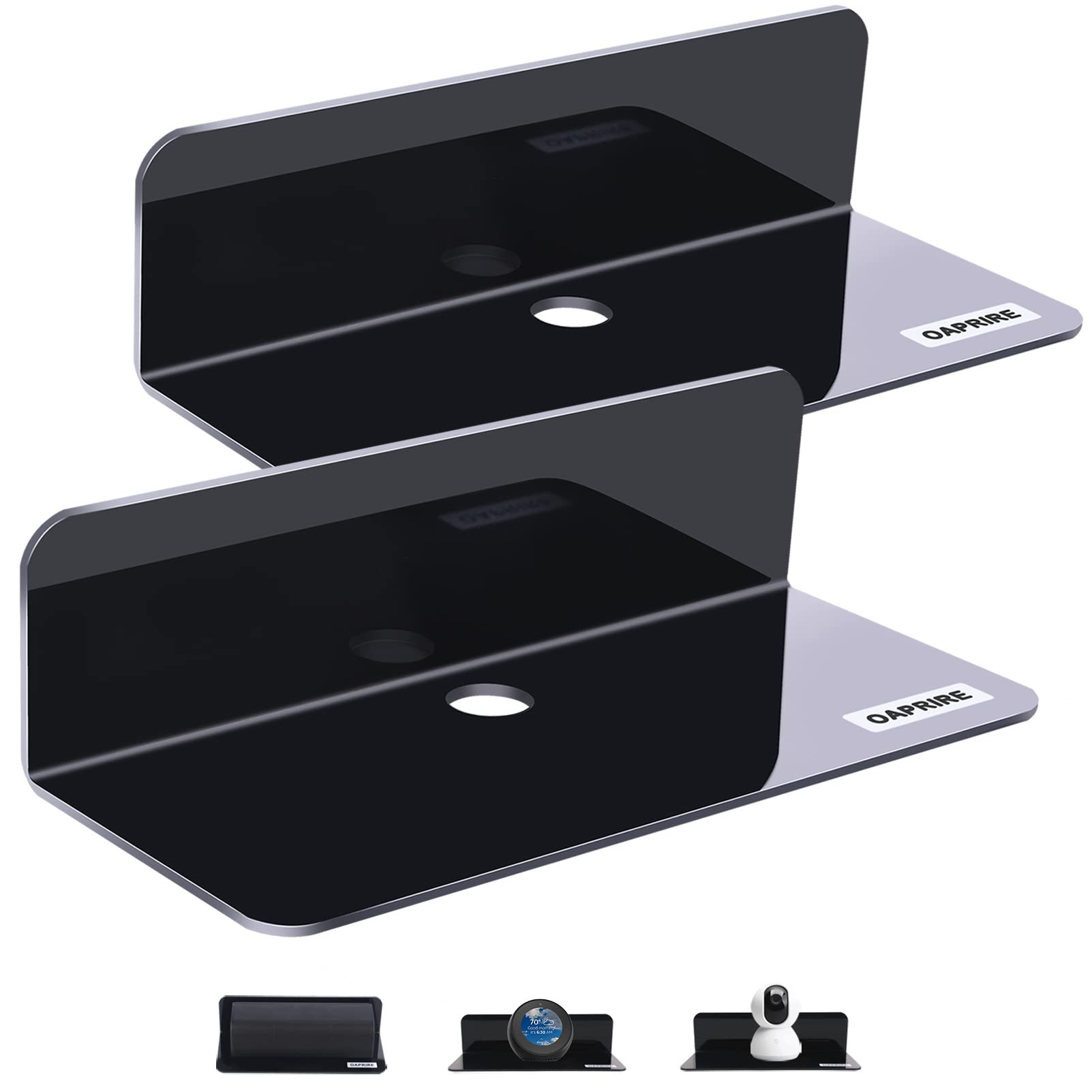 OAPRIRE Acrylic Floating Wall Shelves Set of 2 - No Damage Expandable Wall Mount Shelves for Smart Speakers, Action Figures, Books & Decor with Cable Clips - Perfect for Bedroom, Living Room & Office Organization
