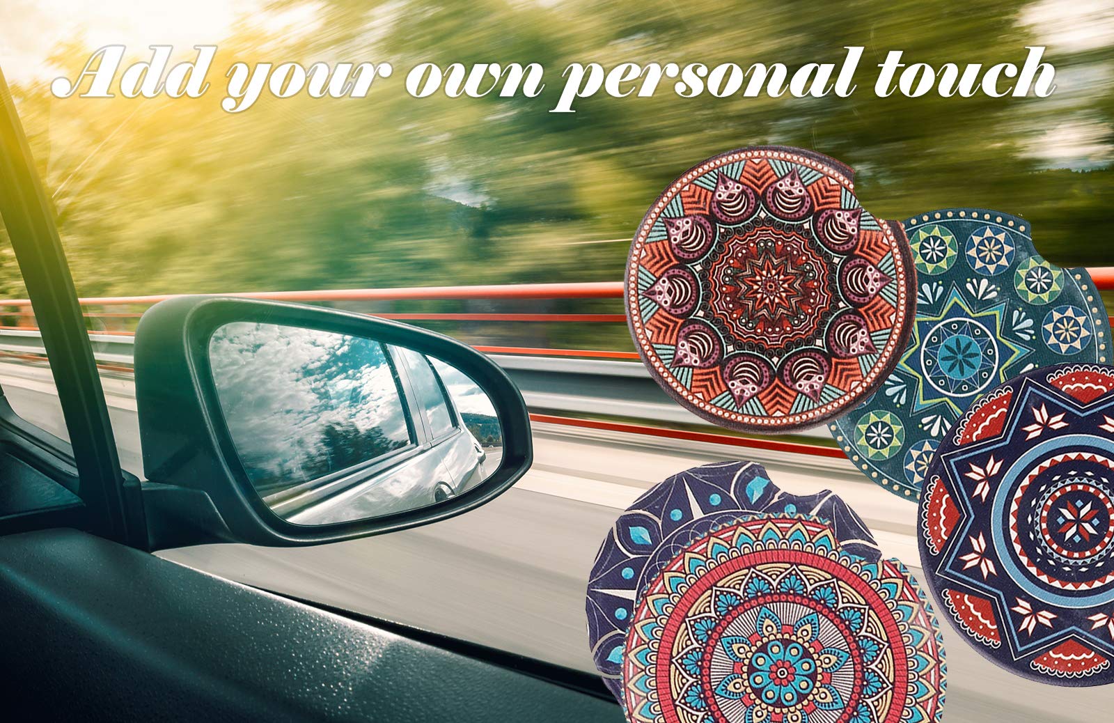 2 Pack Absorbent Mandala Ceramic Car Coasters - Non-Slip Drink Coasters for Car Cup Holders | Car Accessories & Decor for Women | Perfect for Road Trips, Commuting & Coffee Lovers