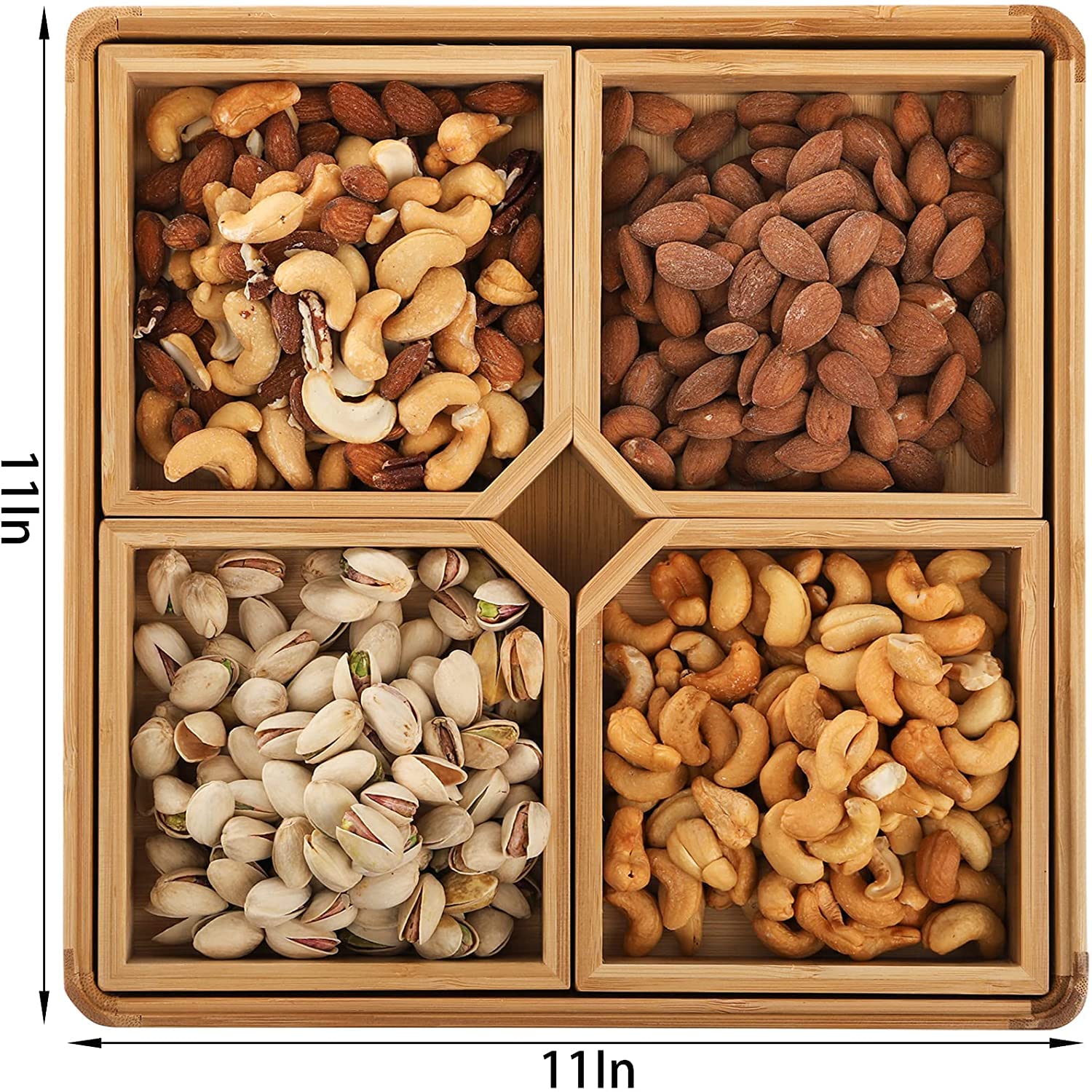 WUWEOT Bamboo Serving Tray with Acrylic Lid & Removable Dividers - Perfect for Nuts, Candy, Veggies, Appetizers, Taco Dips & Chips - Ideal for Parties, Entertaining & Home Use
