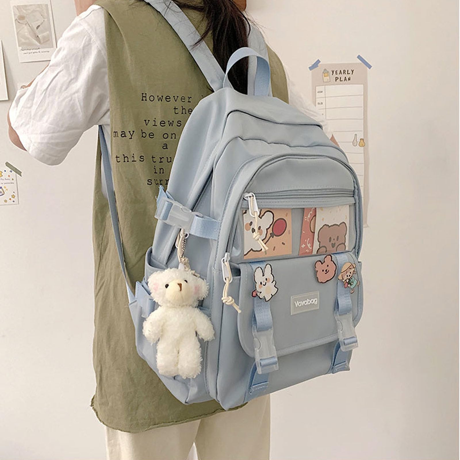 Kawaii Cute Backpack for School with Accessories - Blue Aesthetic School Supplies for Girls & Teens