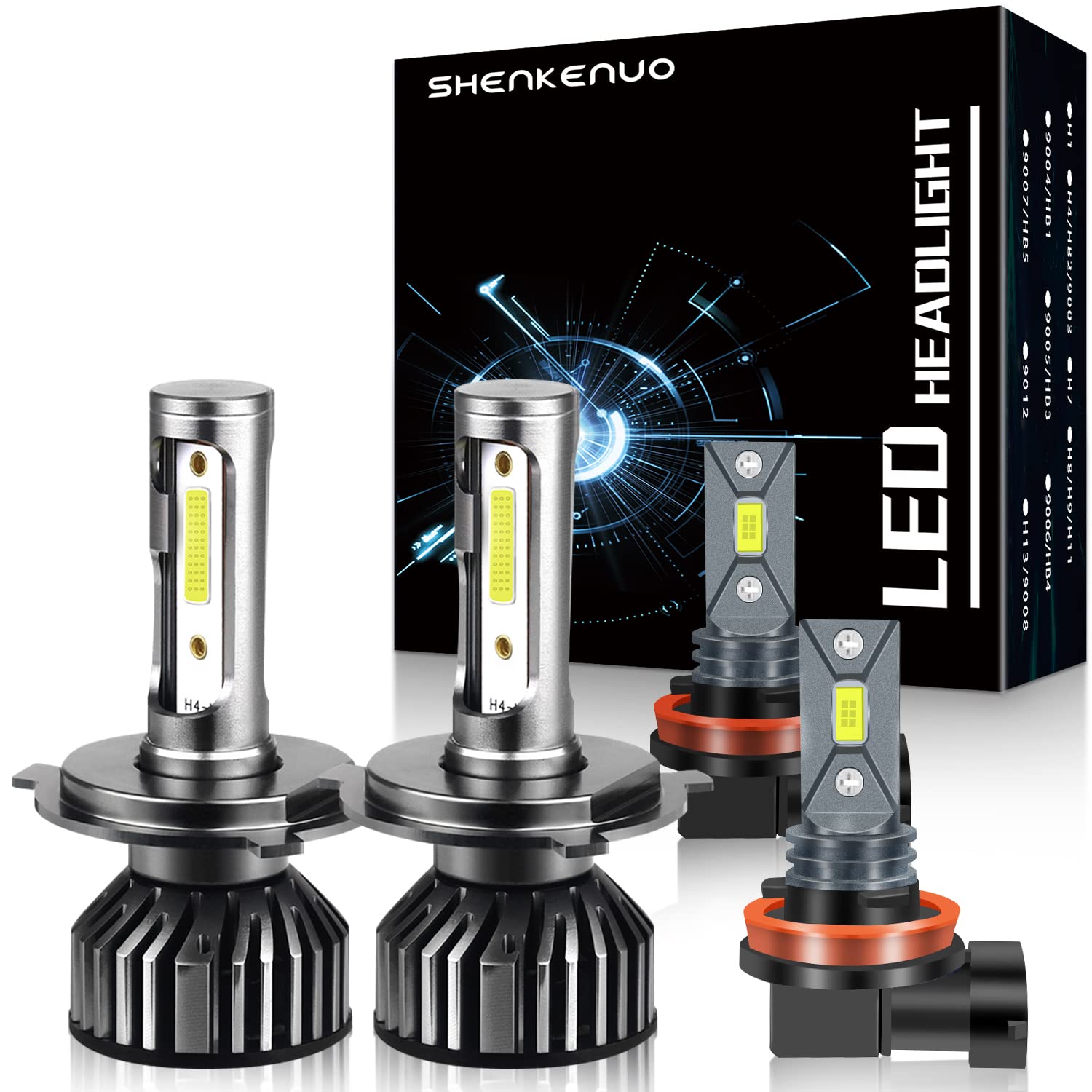 SHENKENUO 9003/H4 LED Headlight Bulbs & H11/H16 LED Fog Light Bulbs for TOYOTA TACOMA (2012-2015) - Pack of 4 - High/Low Beam Conversion Kit for Better Night Visibility & Off-Road Driving