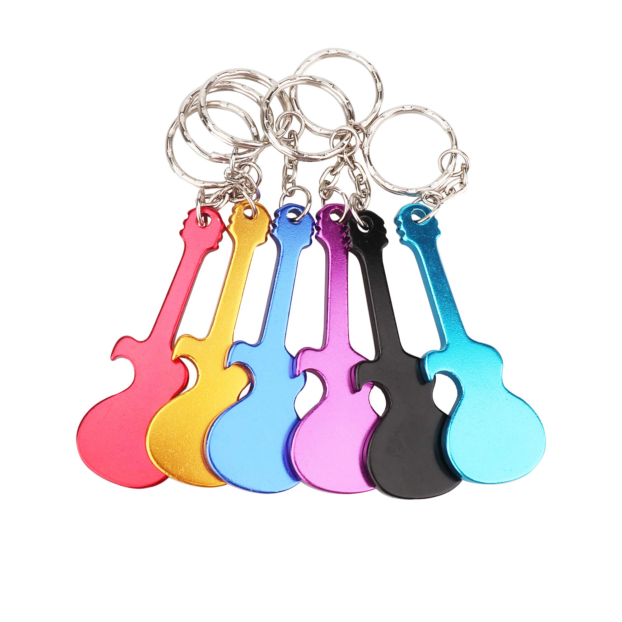 SWATOM Guitar Shaped Bottle Opener with Keychain - 6 Pack Metal Key Tag Chain Ring Accessories for Beer, Soda & Beverages - Perfect for Parties, BBQs, Music Festivals & Gifts