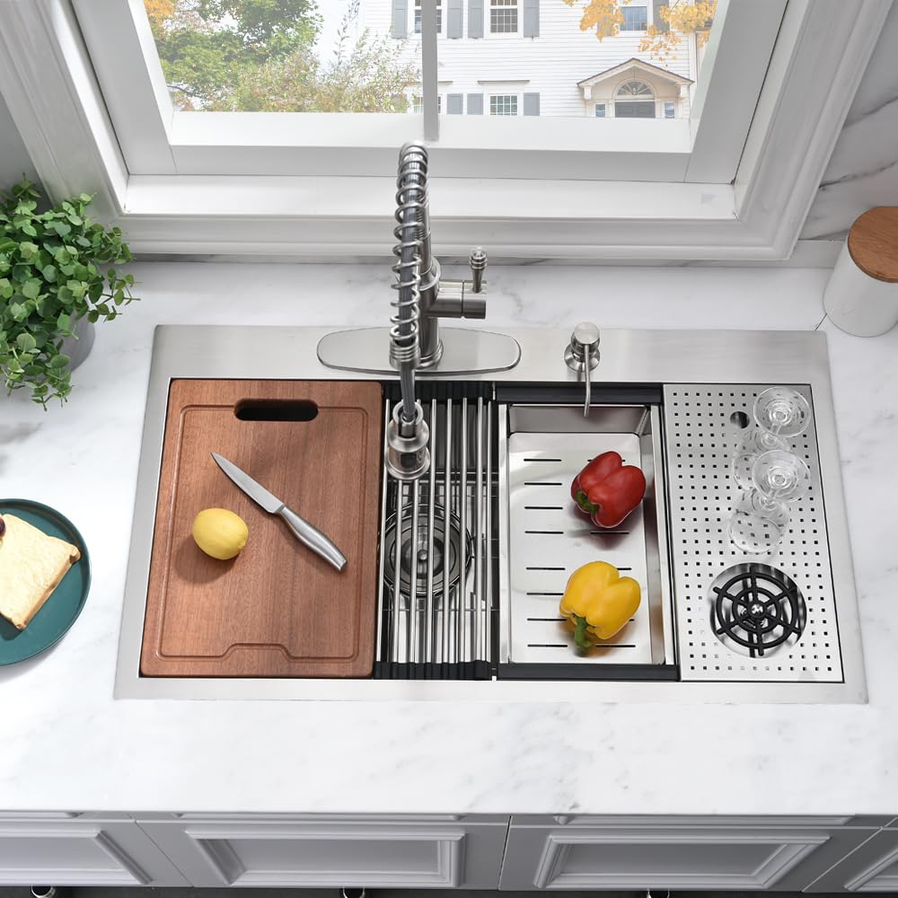Bokaiya 33x19 Drop In Kitchen Sink with Glass Rinser & Cup Washer - 16 Gauge Stainless Steel Deep Single Bowl Workstation for Modern Kitchens