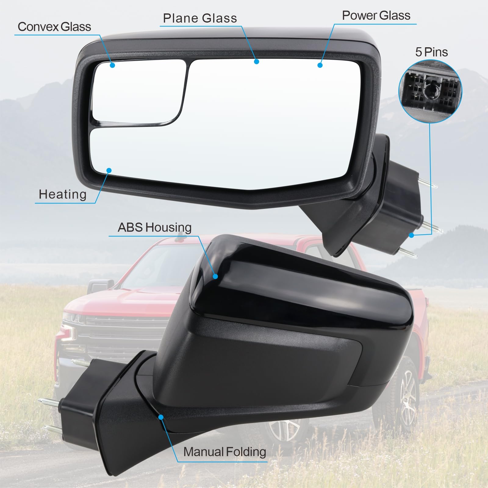 2019-2025 Chevy Silverado 1500 Left Driver Side Power Heated Manual Folding Mirror Replacement - Compatible with GM1320583 (5 Pins) - Perfect for Winter Driving & Truck Upgrades