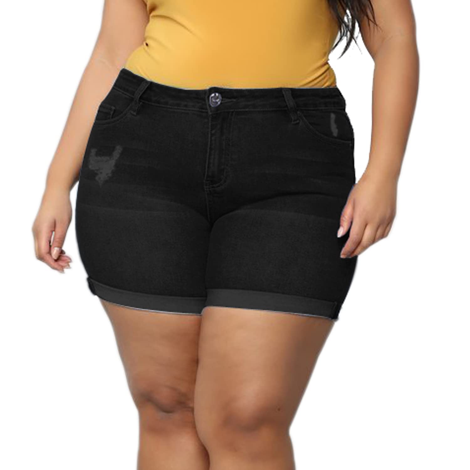Plus Size Women's Ripped Denim Jean Shorts - High Waisted Stretchy Folded Hem Denim Shorts for Casual Wear & Summer Outfits