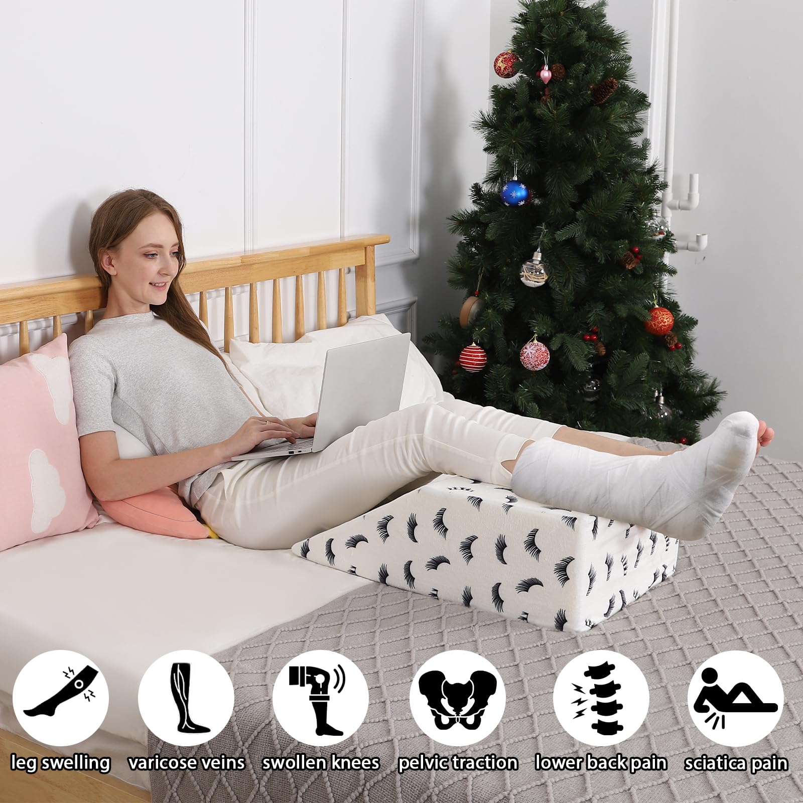 Beauty Lash Printed Leg Elevation Pillow - Orthopedic Bed Wedge for Improved Circulation, Swelling Relief & Knee Support - White Memory Foam Leg Rest Pillow for Sleeping, Post-Surgery Recovery & Relaxation