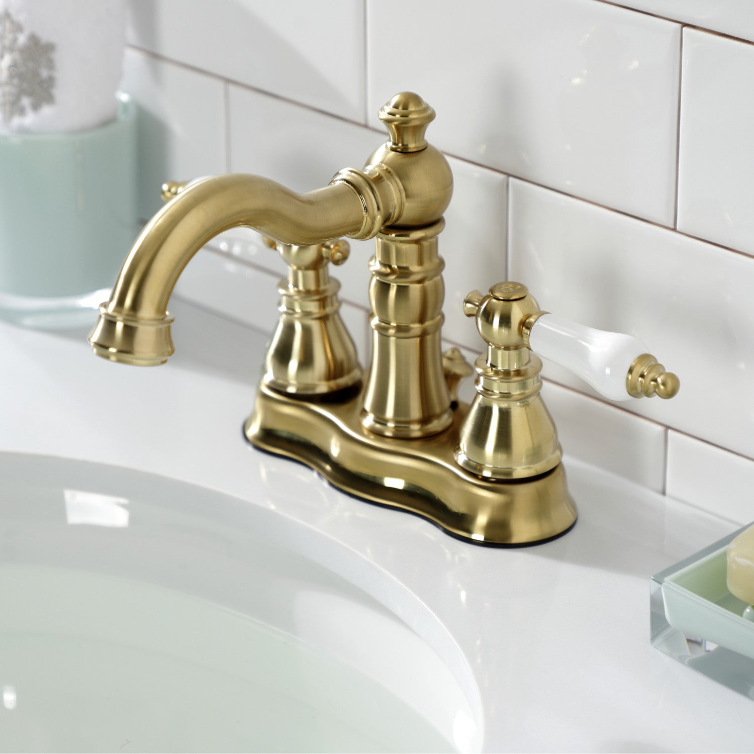 American Patriot FSC1603APL Brushed Brass 4-Inch Centerset Bathroom Faucet - Double Handle 3-Hole Deck Mount with Brass Pop-Up Drain - Perfect for Bathroom Vanity and Powder Room Renovations